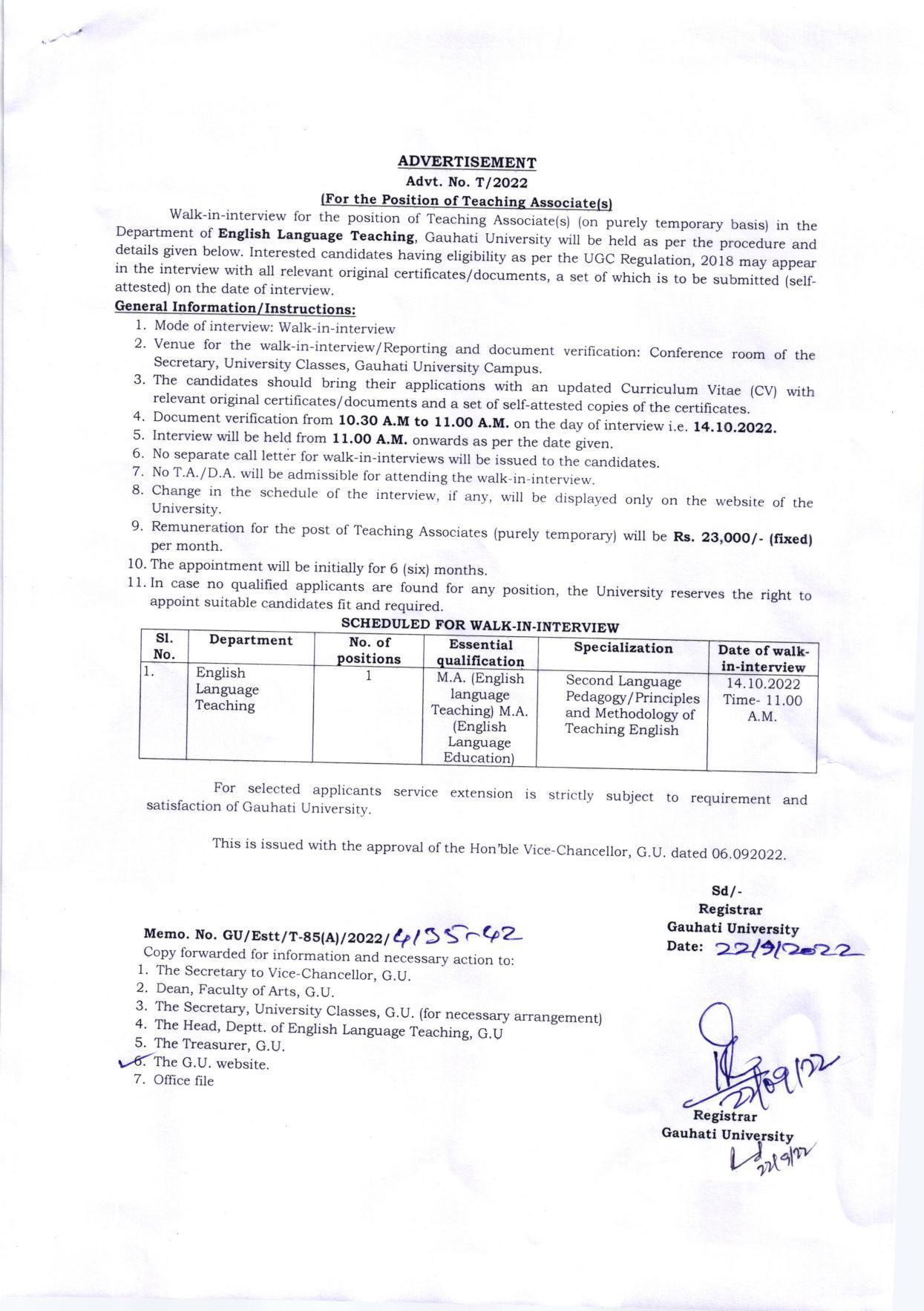 Guwahati university Invites Application for Teaching Associate Recruitment 2022 - Page 1