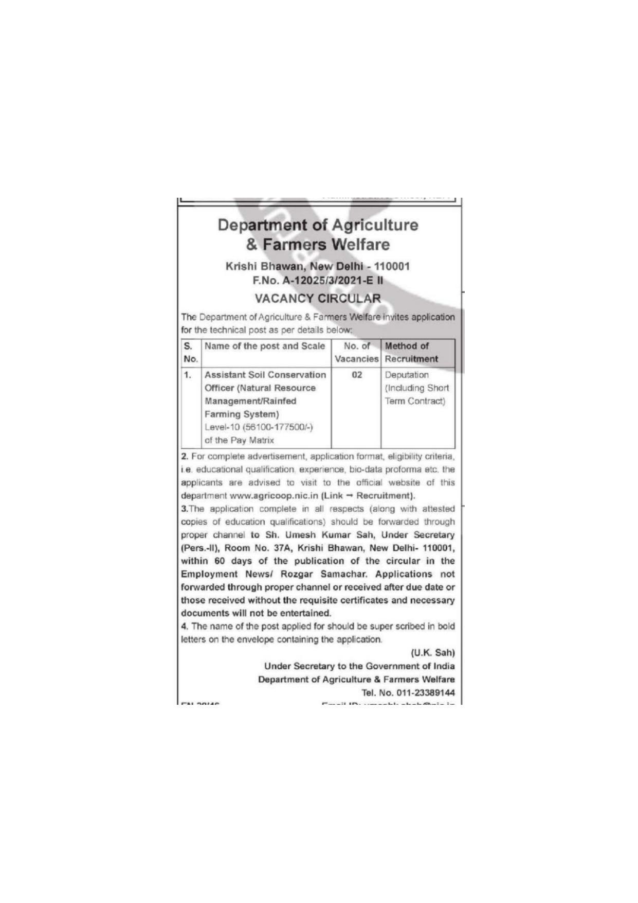 Department of Agriculture and Cooperation Invites Application for Assistant Soil Conservation Officer Recruitment 2022 - Page 1