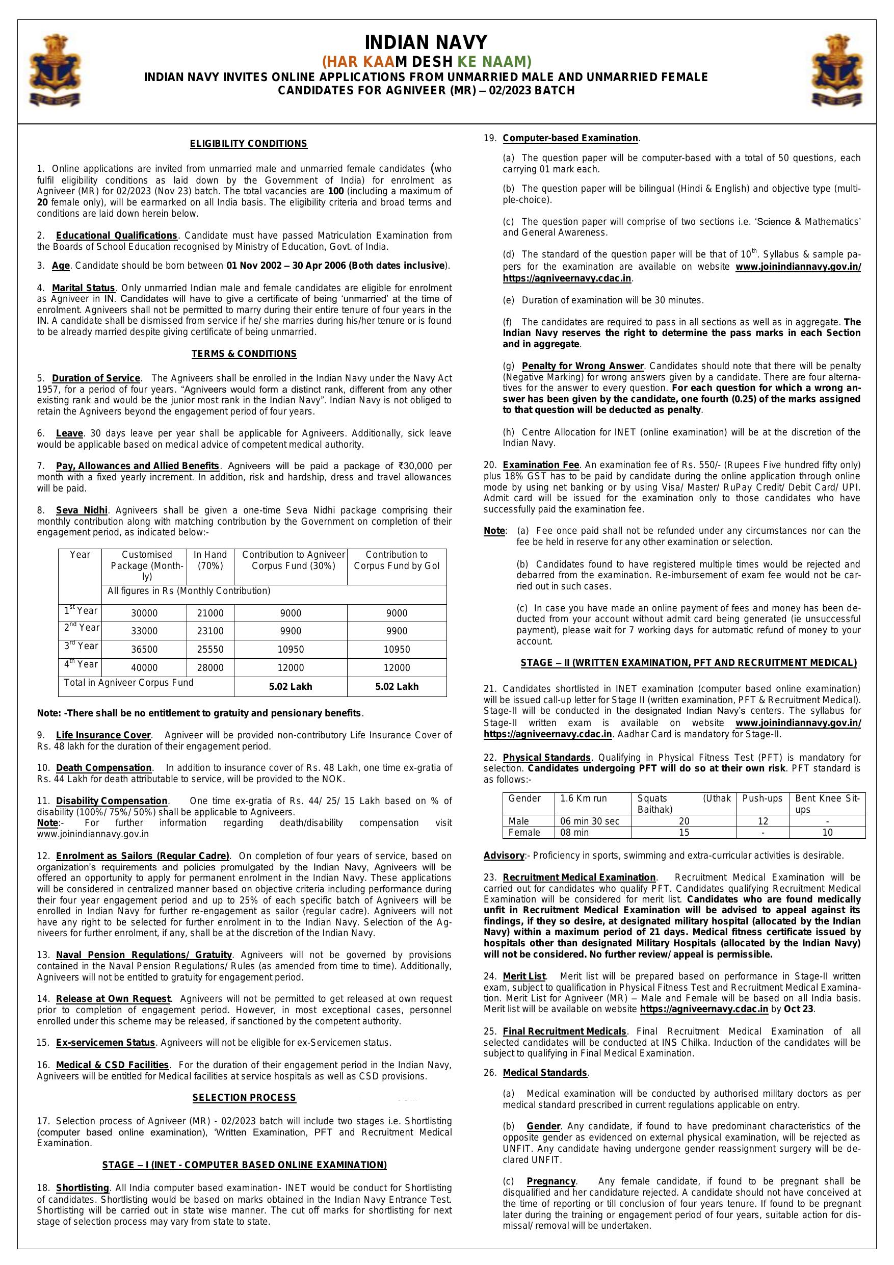 Indian Navy 100 Agniveer (MR) Recruitment 2023 - Page 2