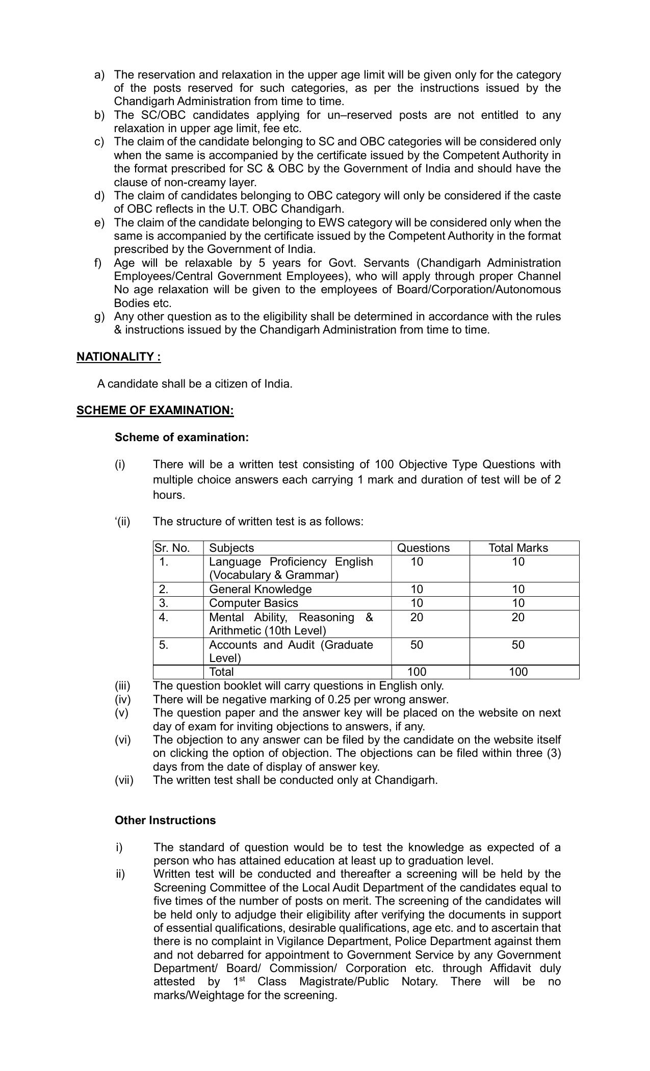 Chandigarh Administration 29 Junior Auditor Recruitment 2023 - Page 1
