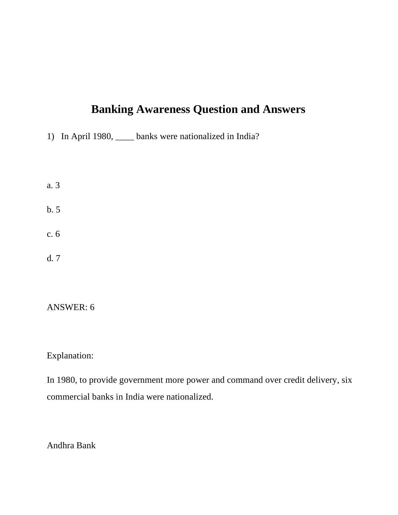 Indian Bank Question Papers: Banking Awareness - Page 1