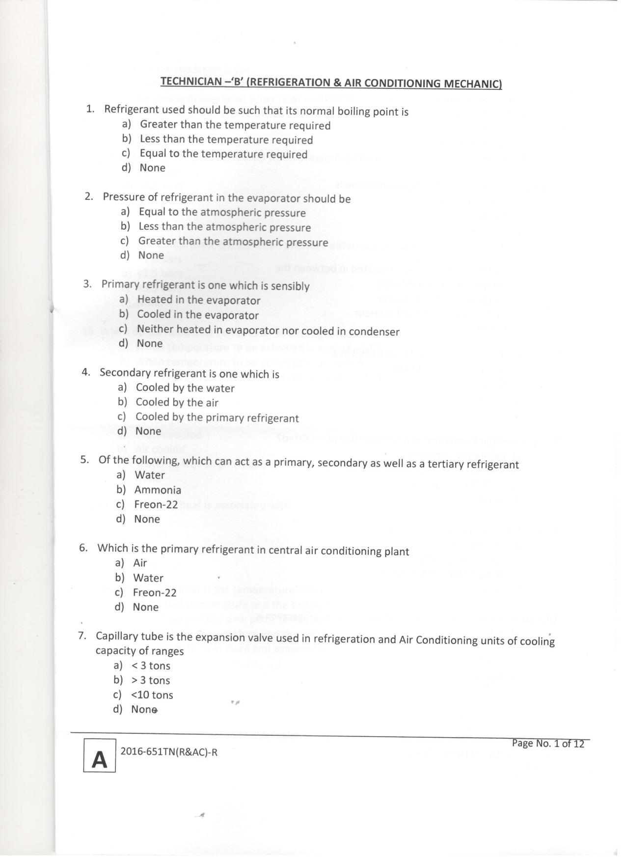 LPSC Technician ‘B’ (Refrigeration & A/C Mechanic) 2017 Question Paper - Page 3