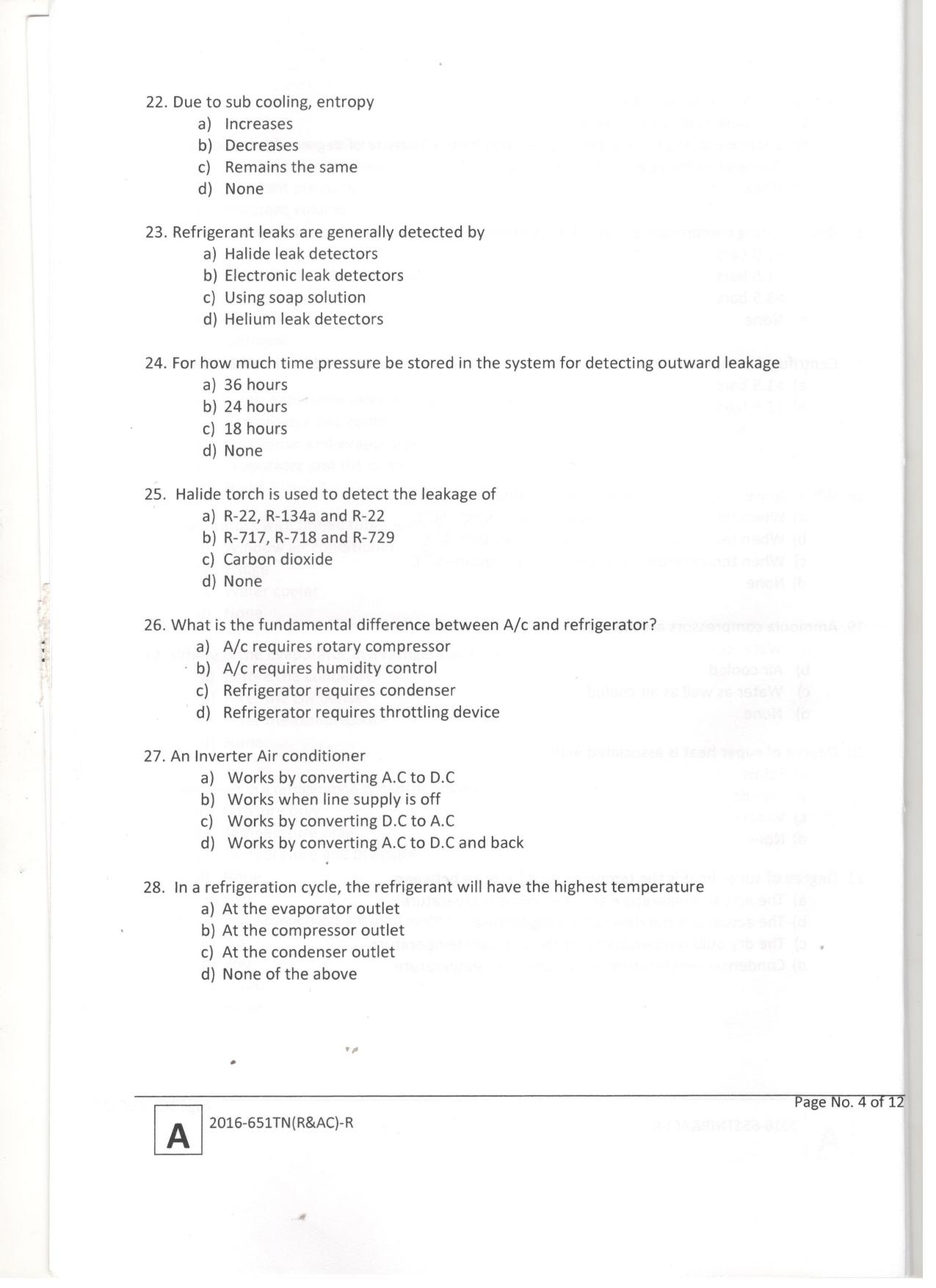 LPSC Technician ‘B’ (Refrigeration & A/C Mechanic) 2017 Question Paper - Page 6