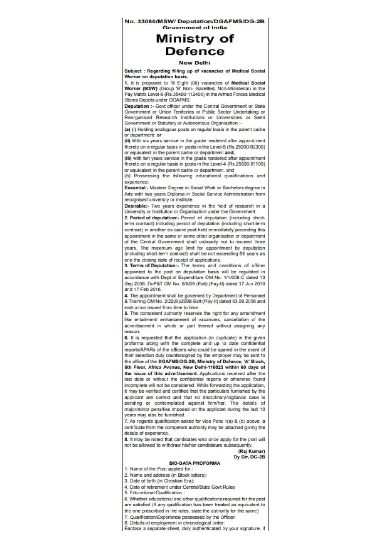 Ministry Of Defence Invites Application for Medical Social Worker Recruitment 2022 - Page 1