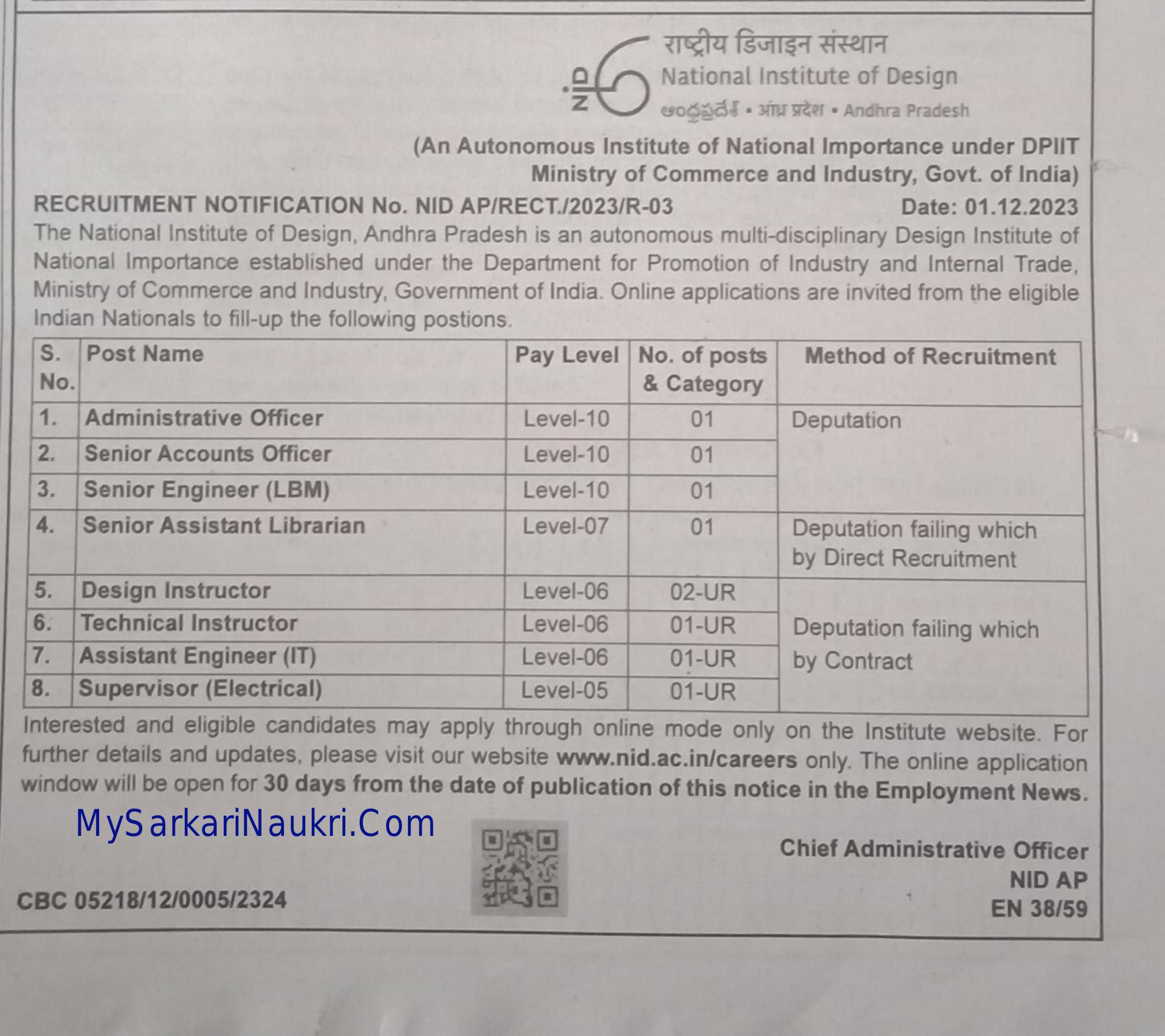 NID Andhra Pradesh Administrative Officer and Various Posts Recruitment 2023 - Page 1