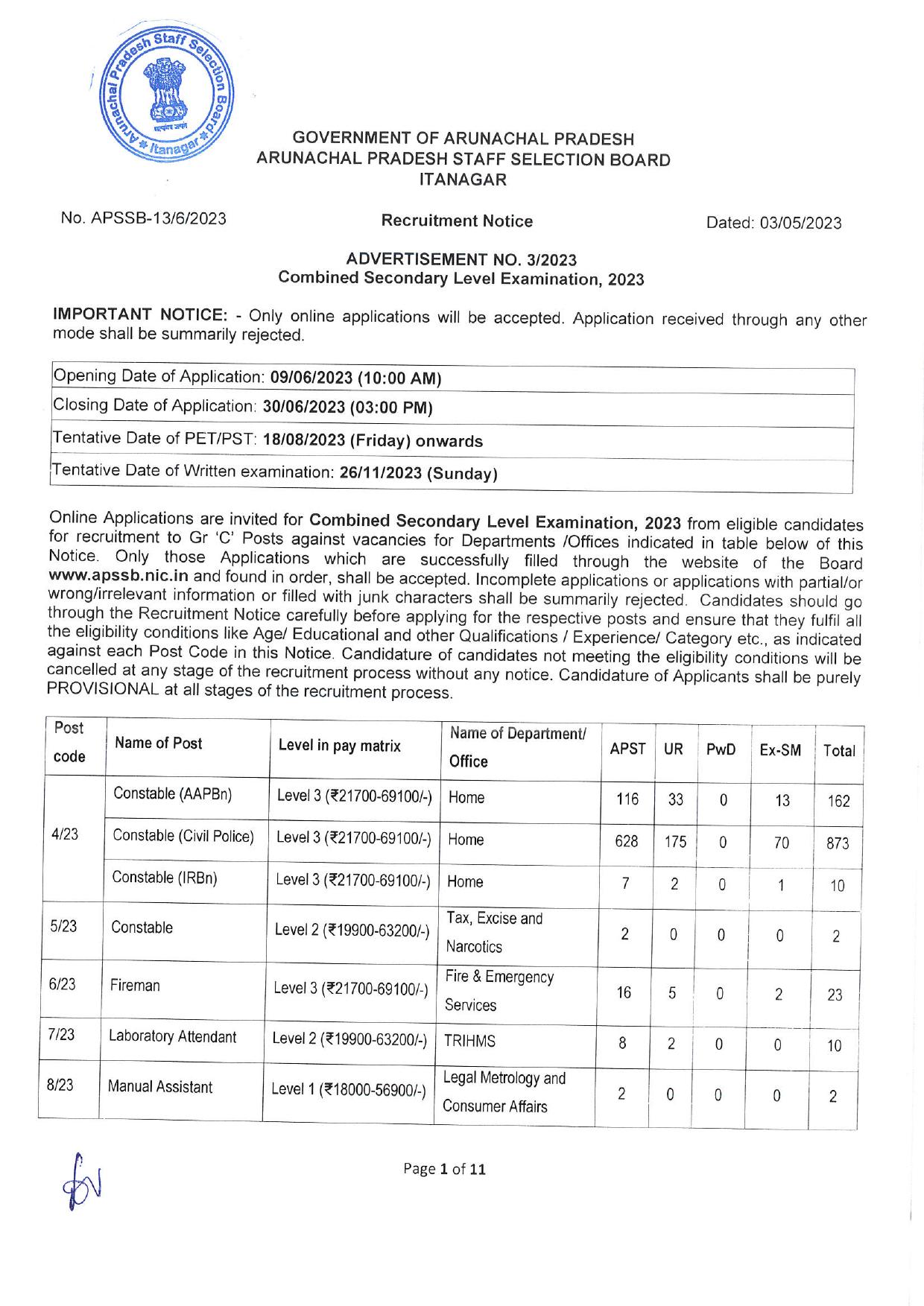 Arunachal Pradesh Staff Selection Board (APSSB) Combined Secondary Level Exam 2023 - Page 1