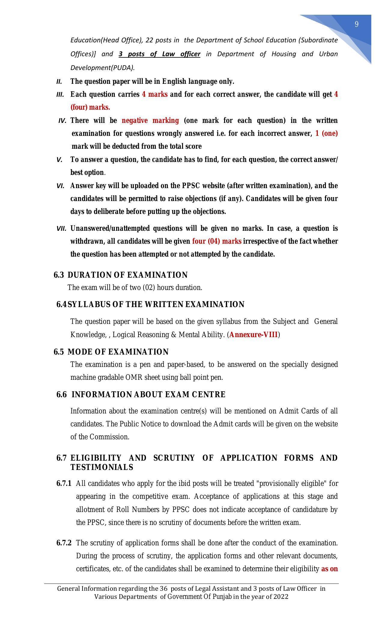 Punjab Public Service Commission Legal Assistant, Law Officer Recruitment 2022 - Page 11