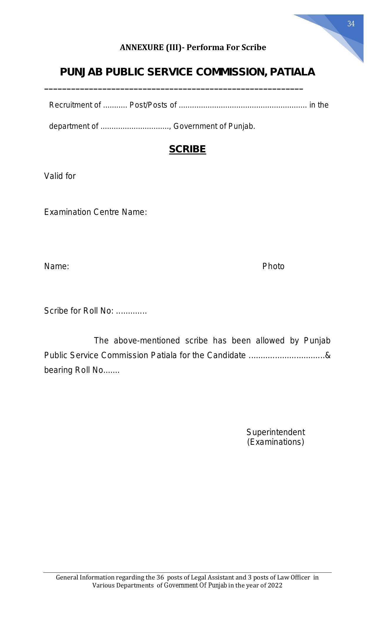 Punjab Public Service Commission Legal Assistant, Law Officer Recruitment 2022 - Page 1