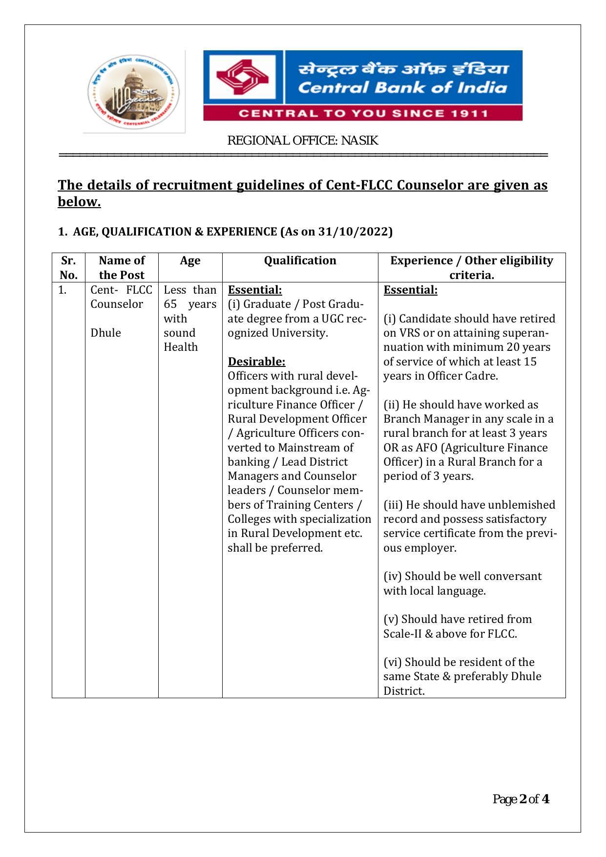 Central Bank of India Dhule Invites Application for FLCC Counselor Recruitment 2022 - Page 1