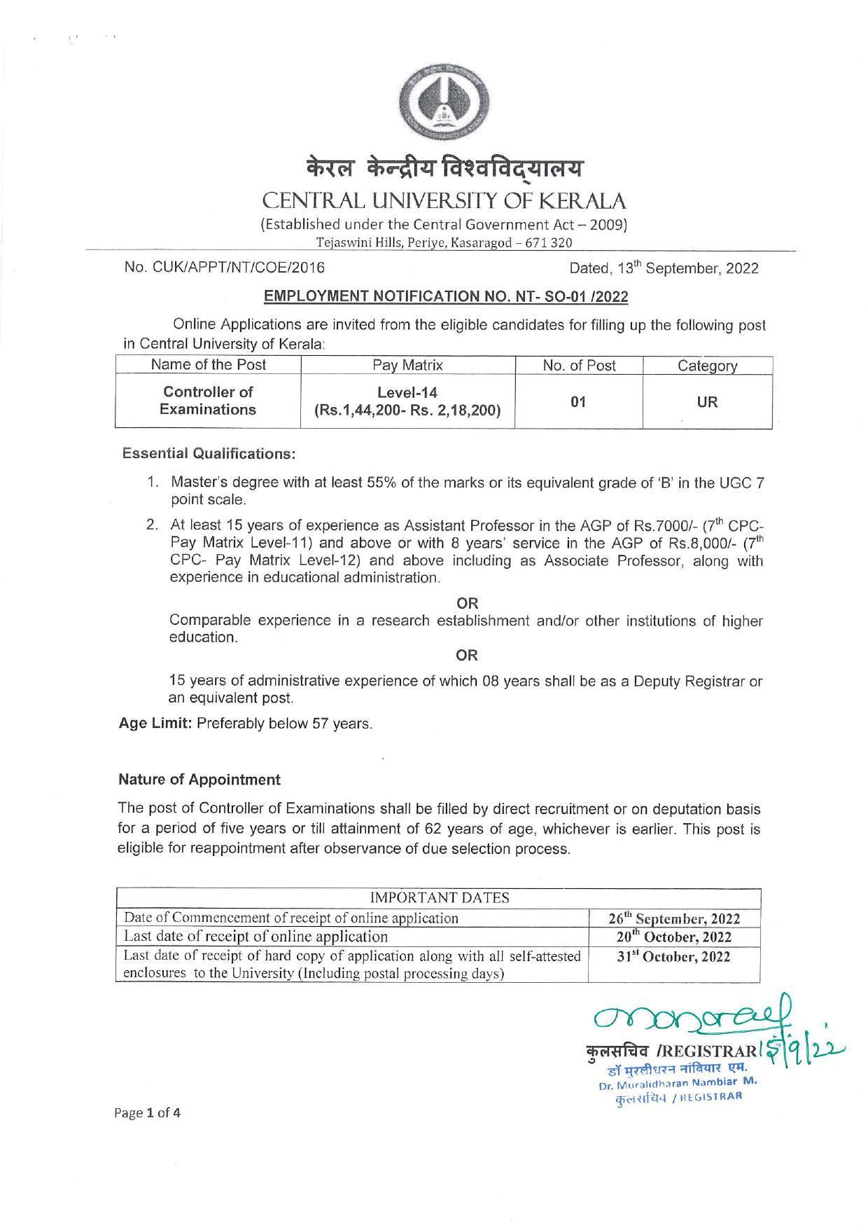 Central University of Kerala Invites Application for Controller of Examination Recruitment 2022 - Page 3