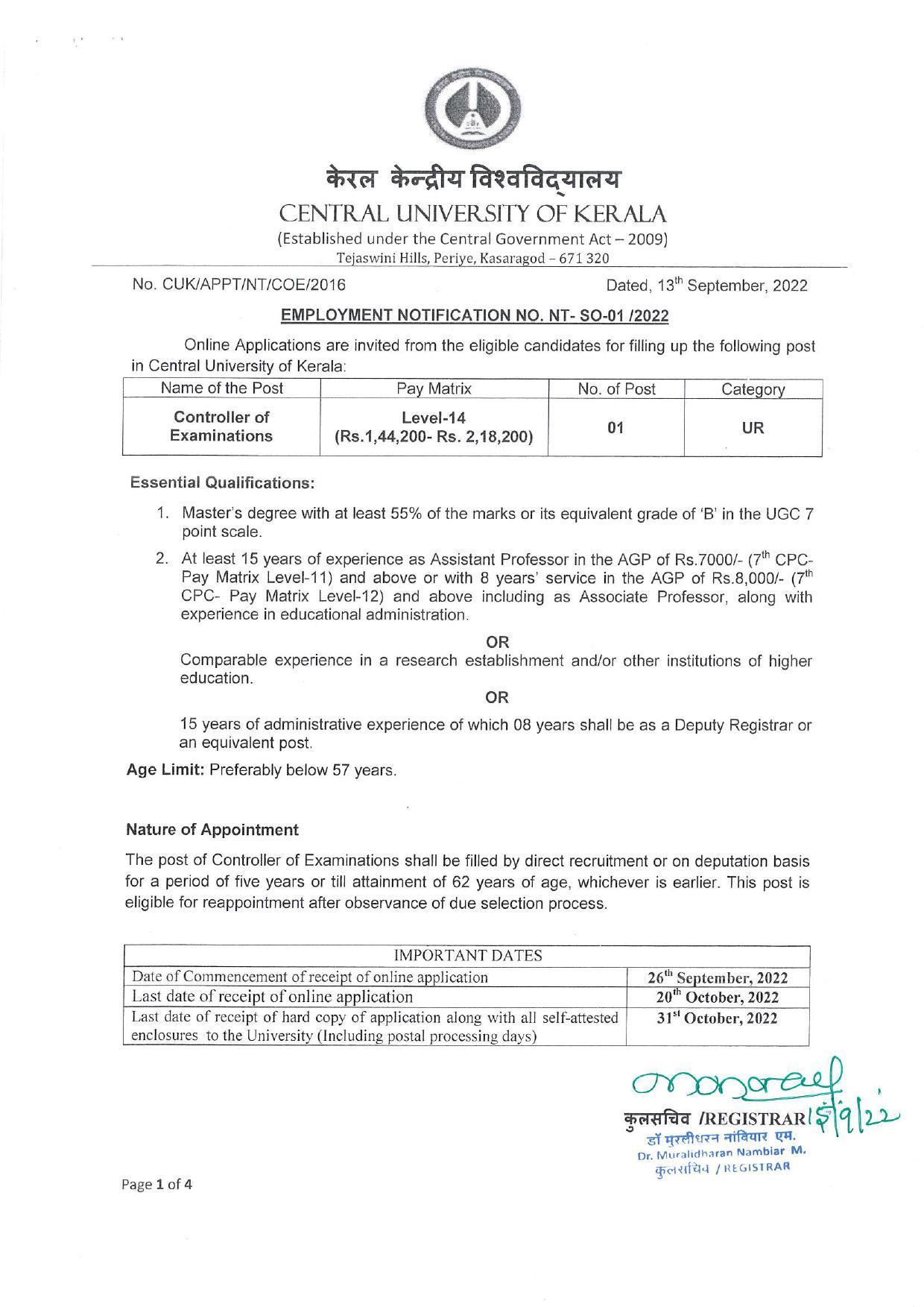 Central University of Kerala Invites Application for Controller of Examination Recruitment 2022 - Page 3