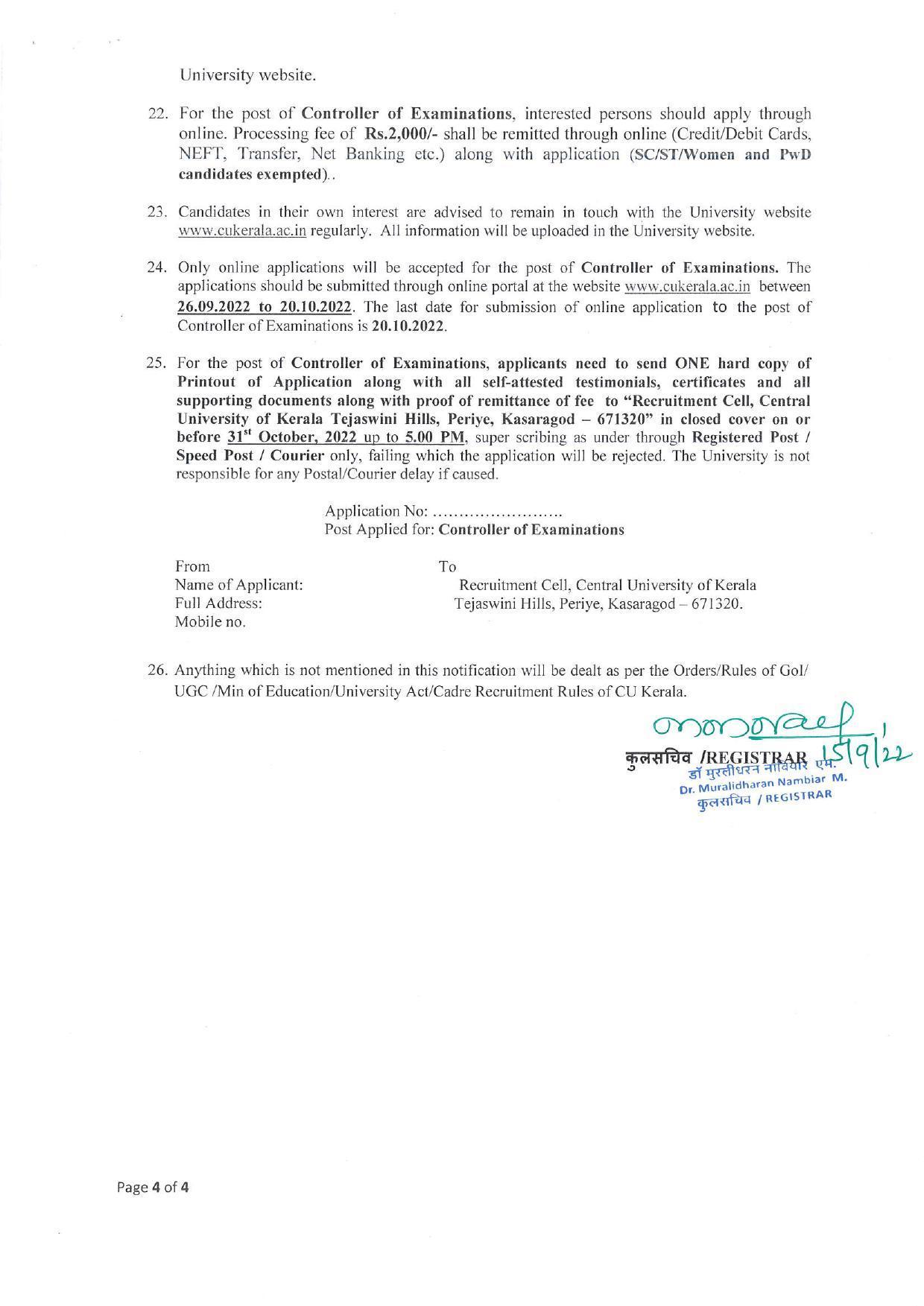 Central University of Kerala Invites Application for Controller of Examination Recruitment 2022 - Page 4