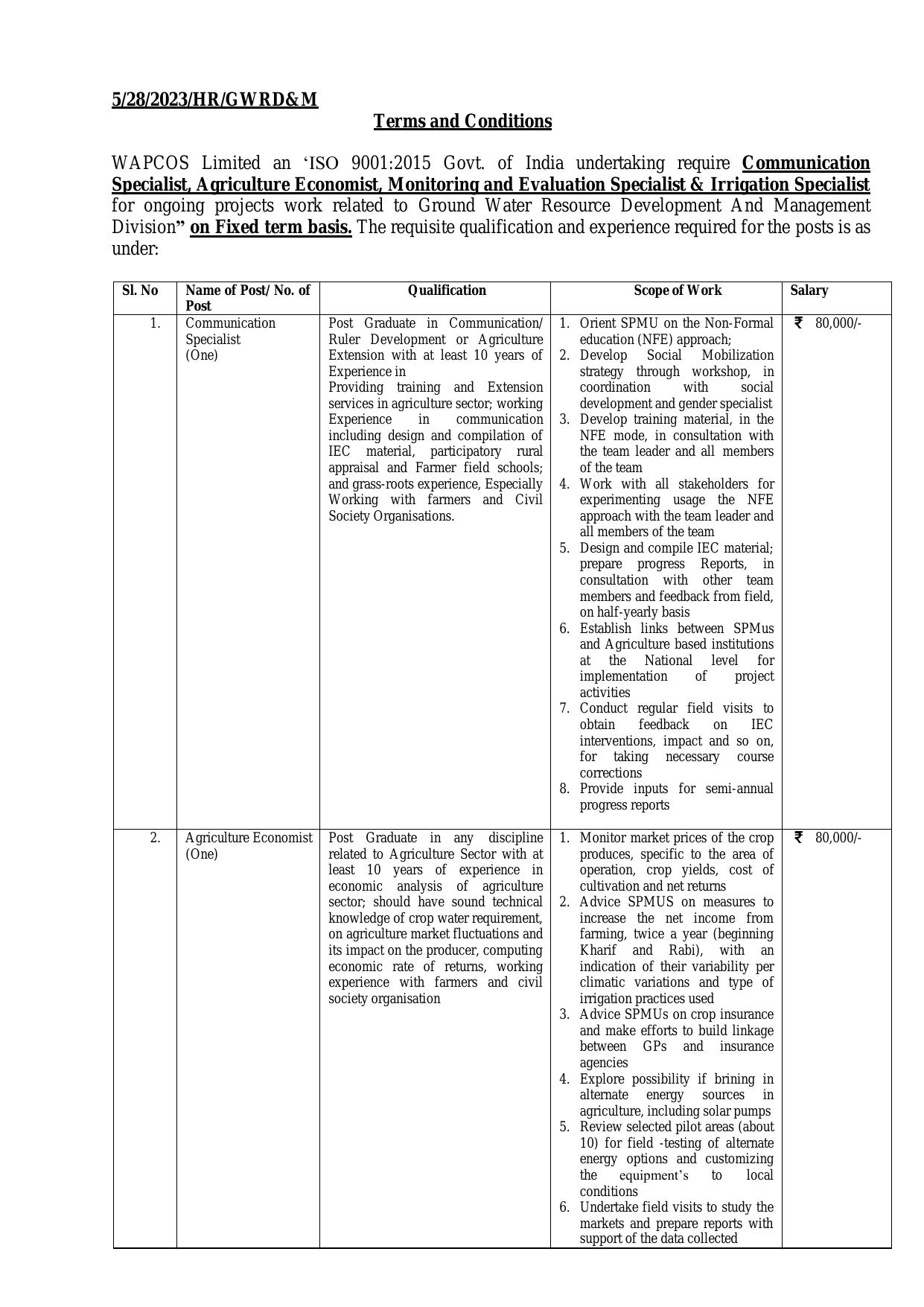 WAPCOS Limited Invites Application for Irrigation Specialist and Various Posts Recruitment 2023 - Page 3