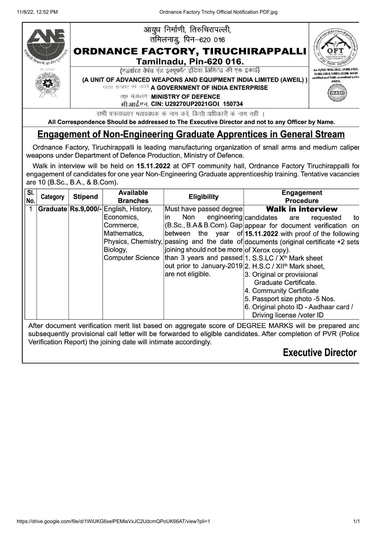 Ordnance Factory Tiruchirappalli Invites Application for Non Engineering Graduate Apprentices Recruitment 2022 - Page 1