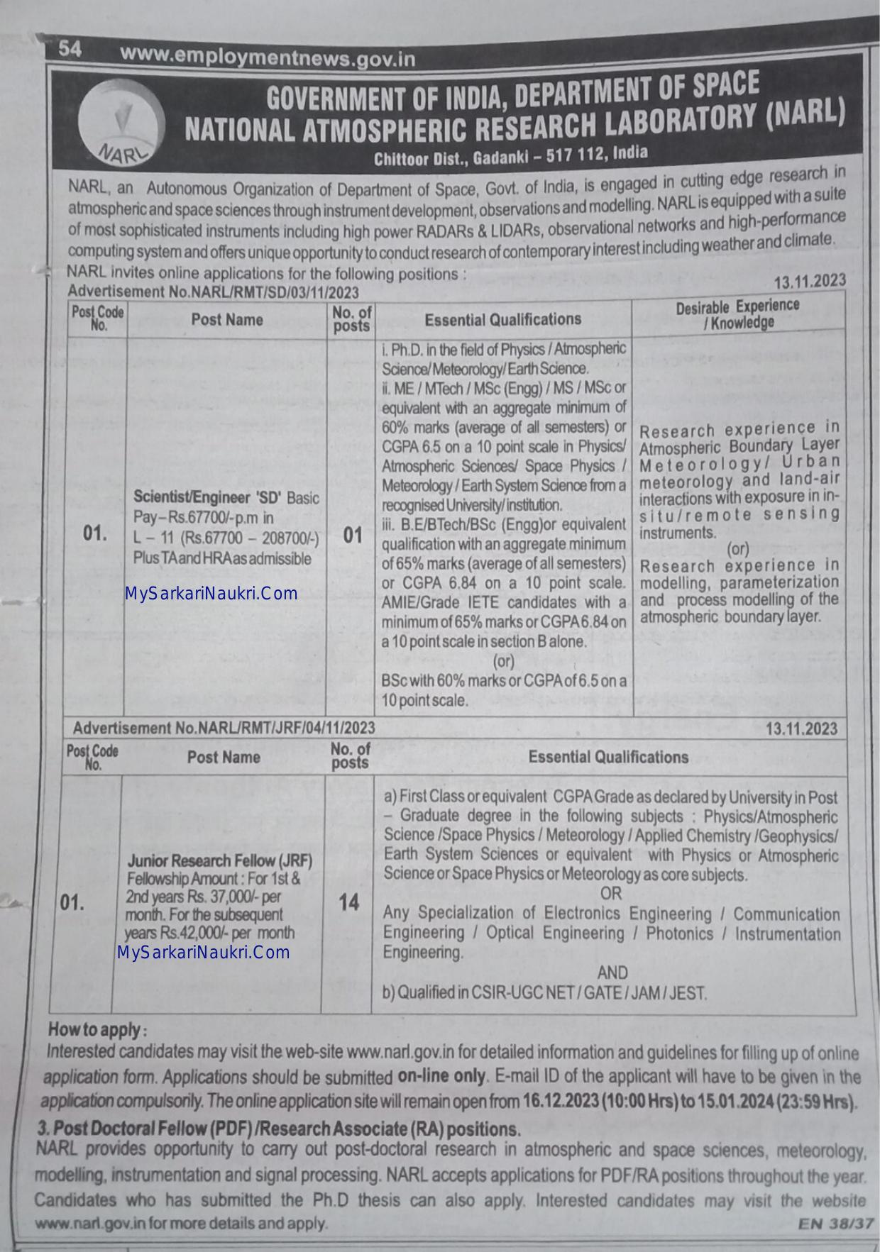 NARL Scientist/Engineer, Junior Research Fellow (JRF) Recruitment 2023 - Page 1