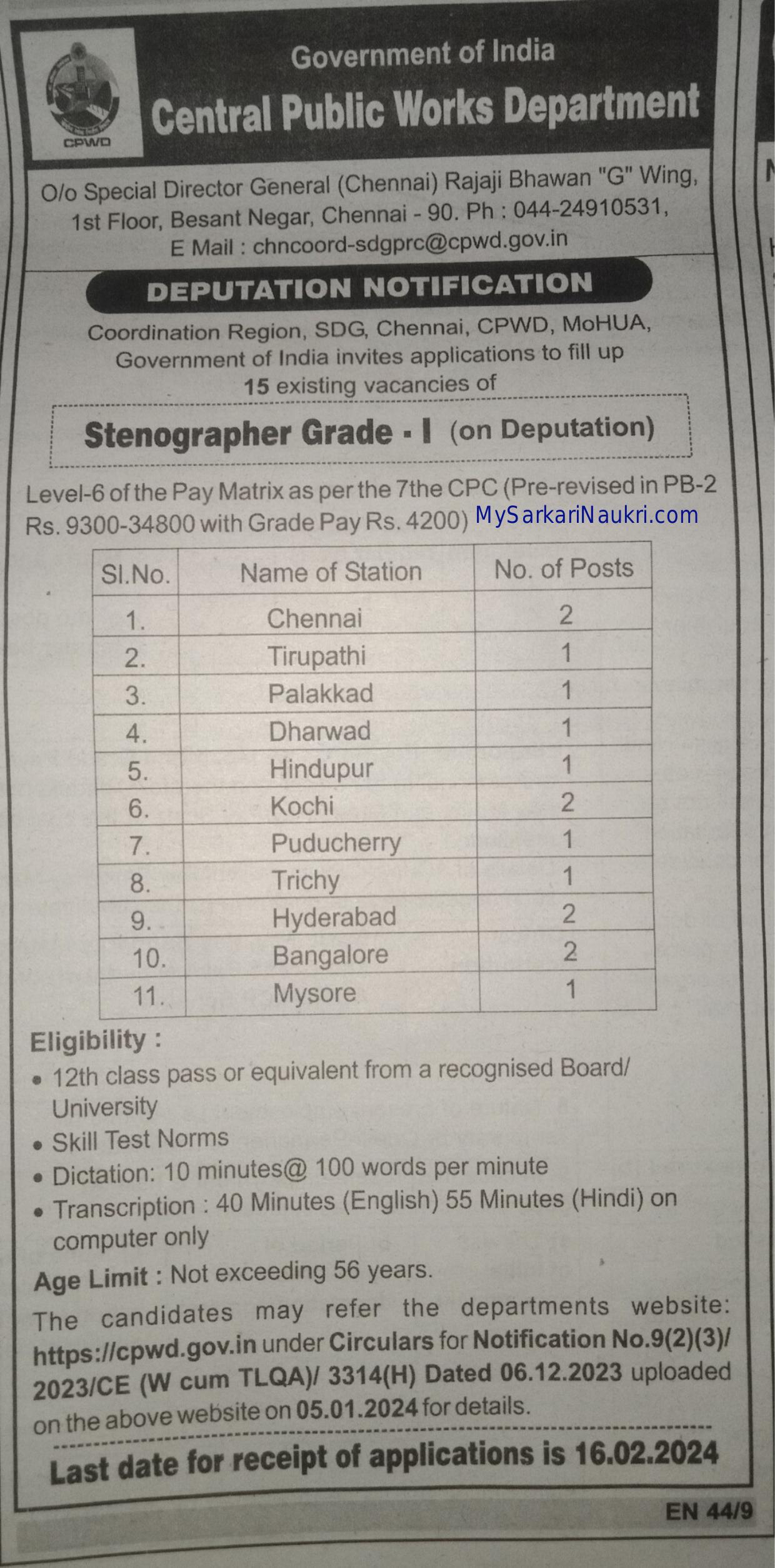 Central Public Works Department (CPWD) Stenographer Recruitment 2024 - Page 1