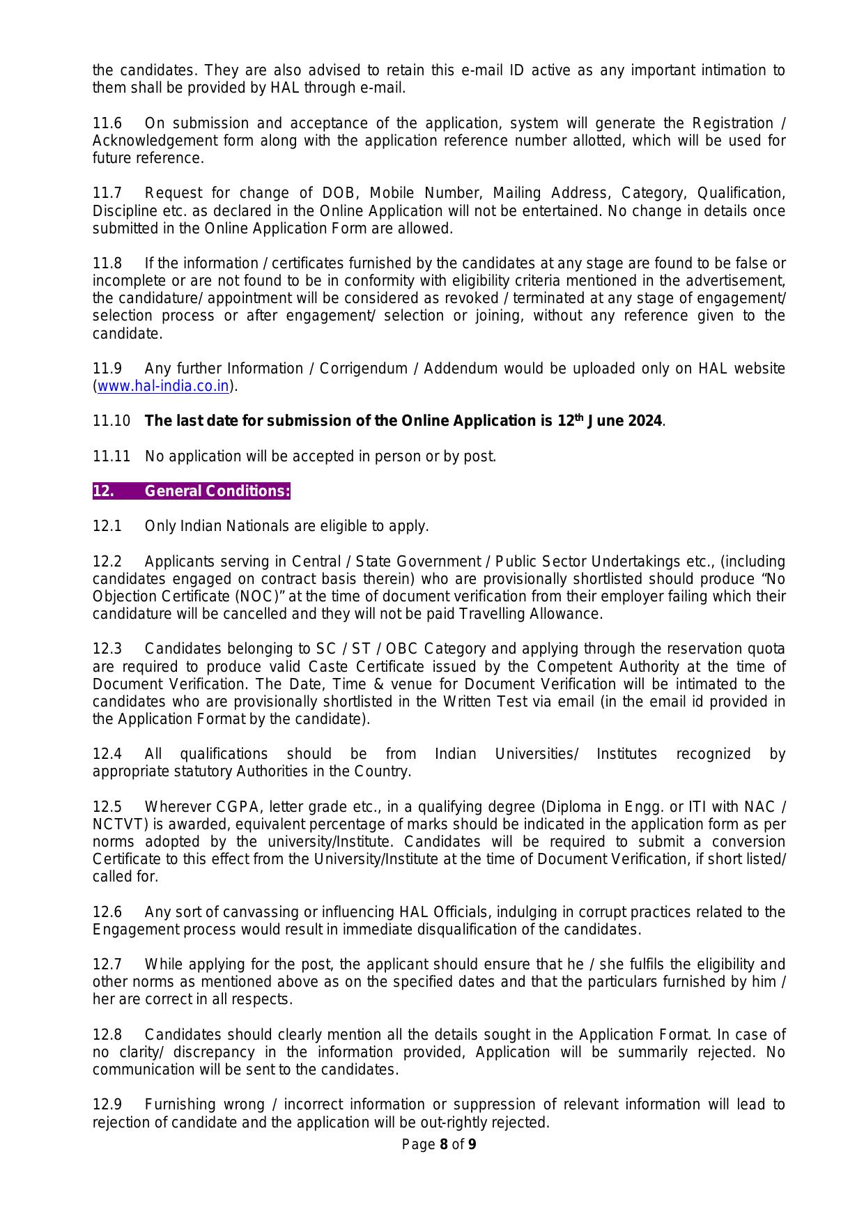 Hindustan Aeronautics Limited (HAL) 182 Diploma Technician, Operator Recruitment 2024 - Page 8