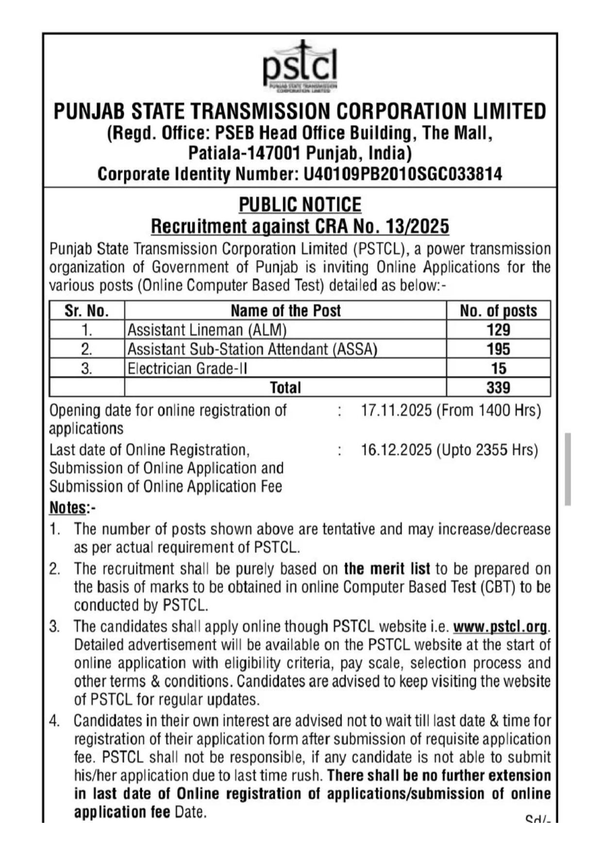 Punjab State Transmission Corporation Ltd (PSTCL) 339 Electrician and Various Posts Recruitment 2025 - Page 1