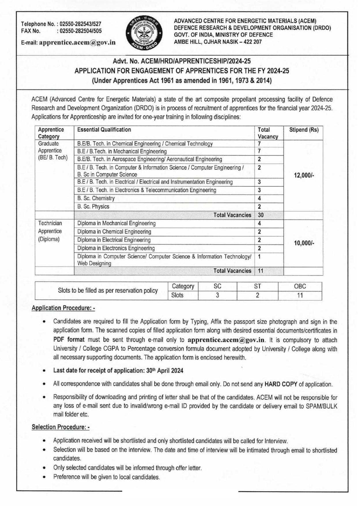 DRDO-ACEM Graduate Apprentice, Technician Apprentice Recruitment 2024 - Page 1