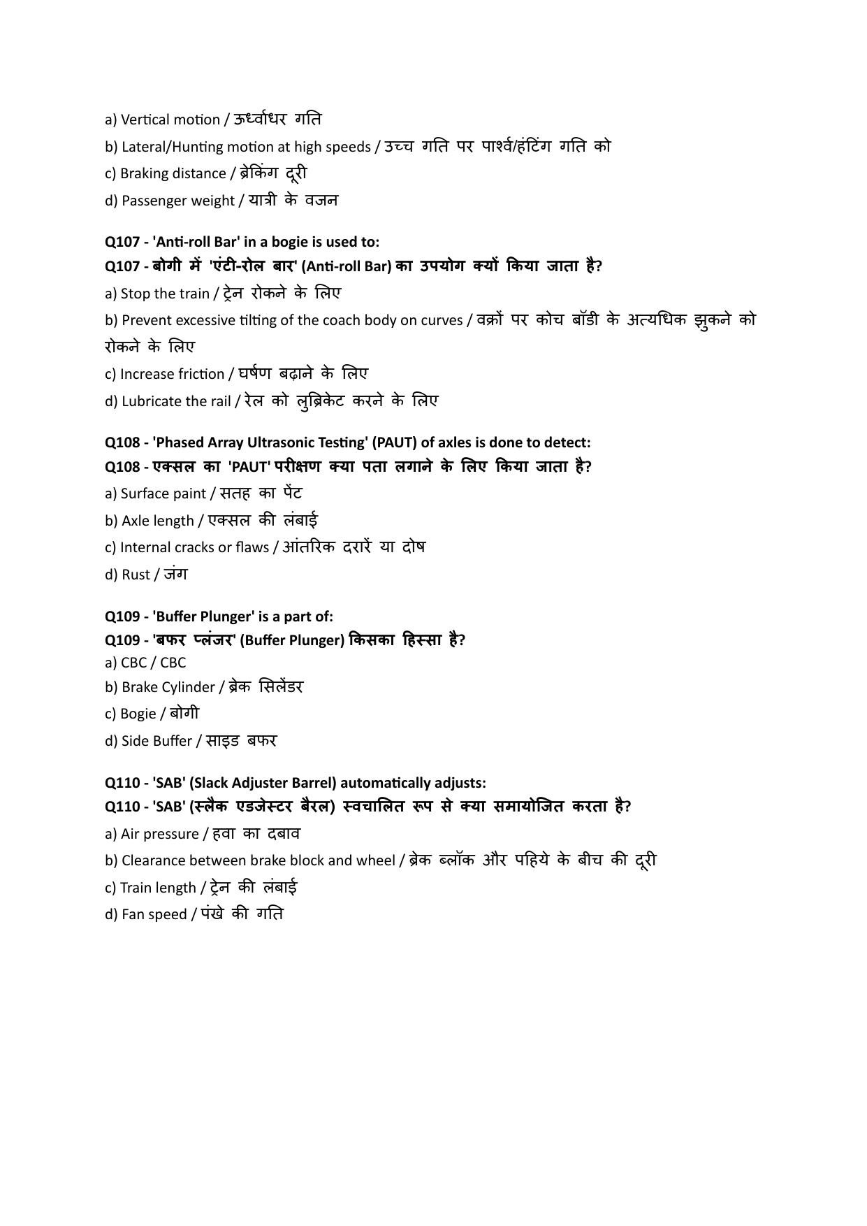 South Western Railway Senior Instructor CandW Level 7 (Shift-1) Question Paper - Page 20