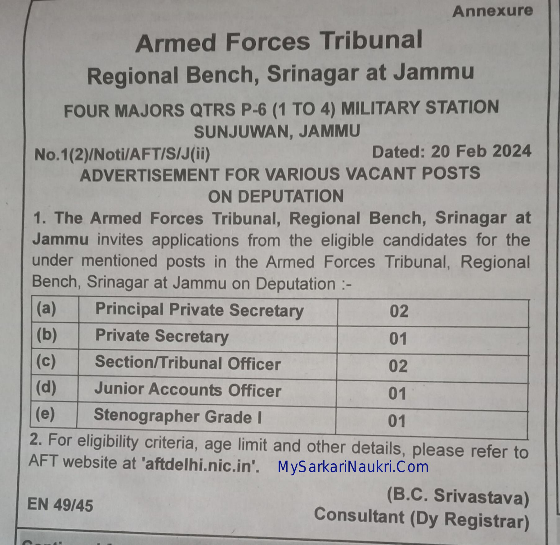 Armed Forces Tribunal (AFT) Stenographer and Various Posts Recruitment 2024 - Page 1