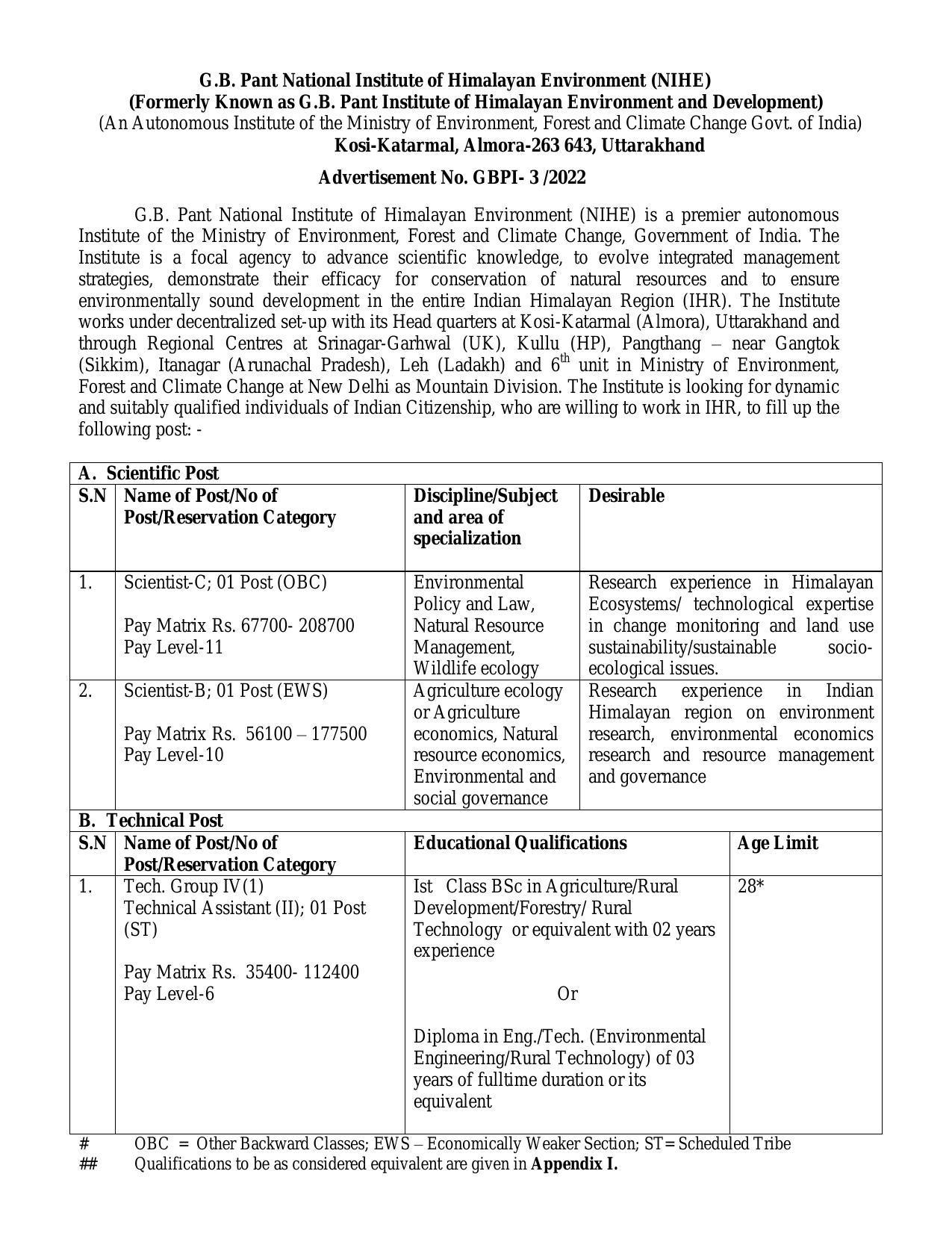 GBPNIHESD Invites Application for Scientist-C, Scientist-B, More Vacancies Recruitment 2022 - Page 1