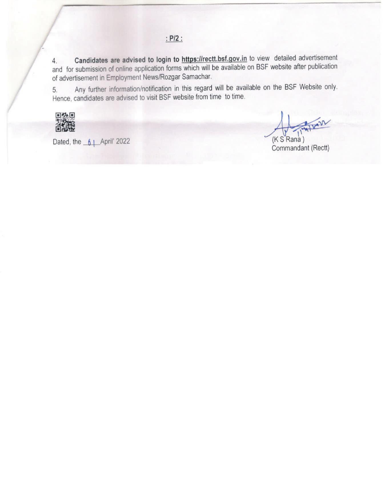 BSF Various Vacancy Online Form 2022 - Page 1