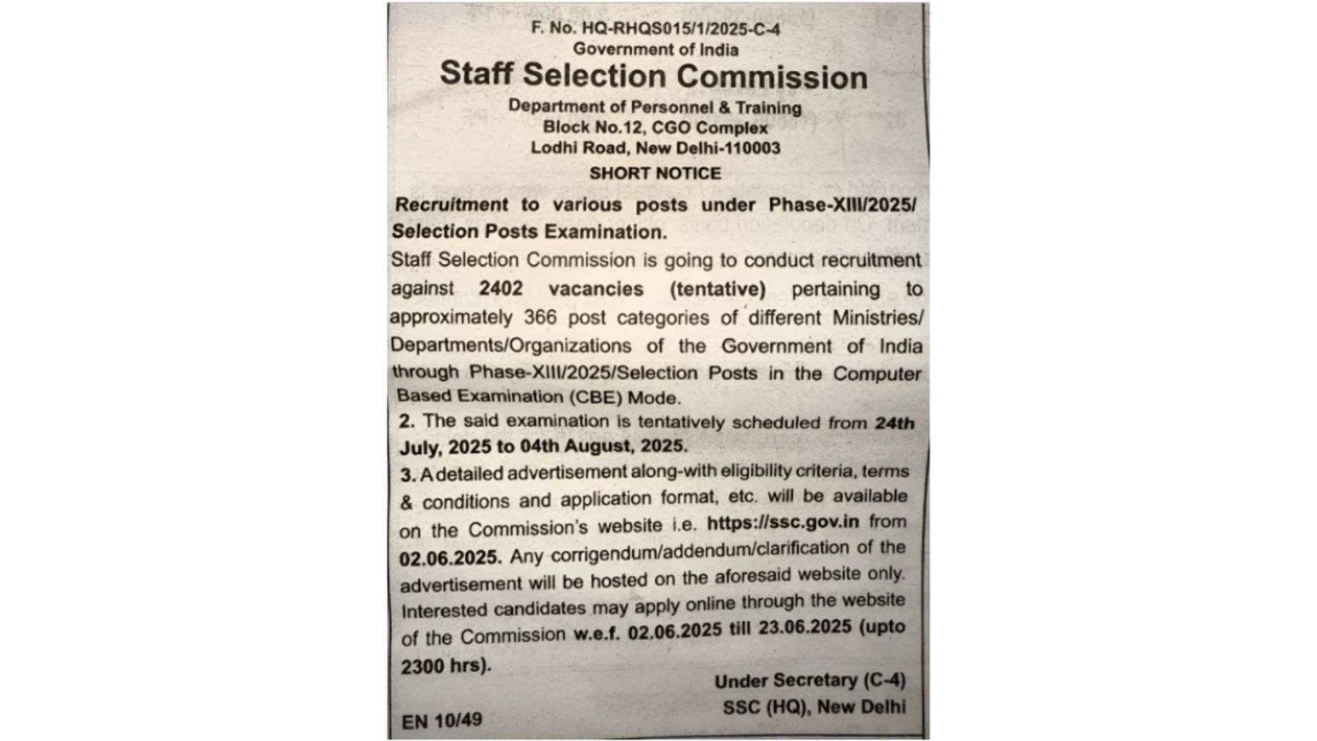 Staff Selection Commission (SSC) Phase XIII Selection Posts Recruitment 2025 - Page 1