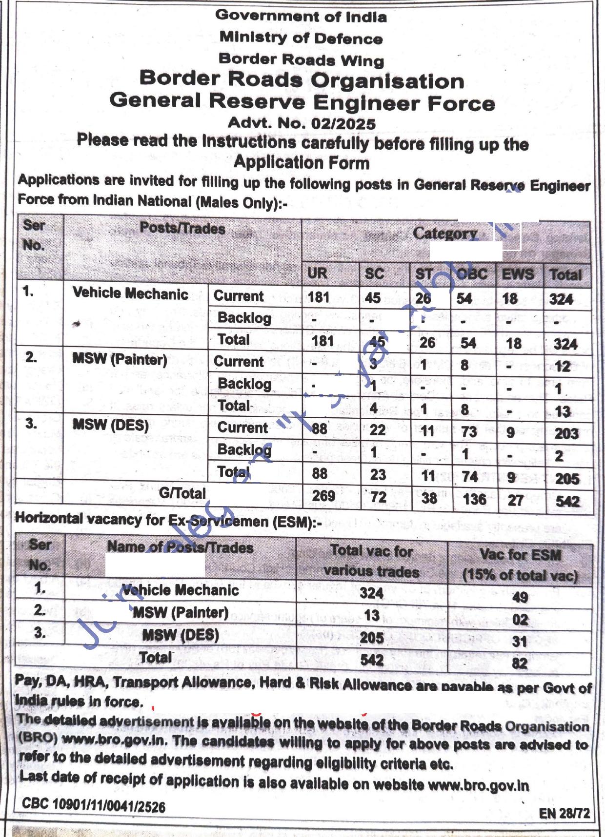 Border Roads Organisation (BRO) 542 Vehicle Mechanic, Multi Skilled Worker (MSW) Recruitment 2025 - Page 1