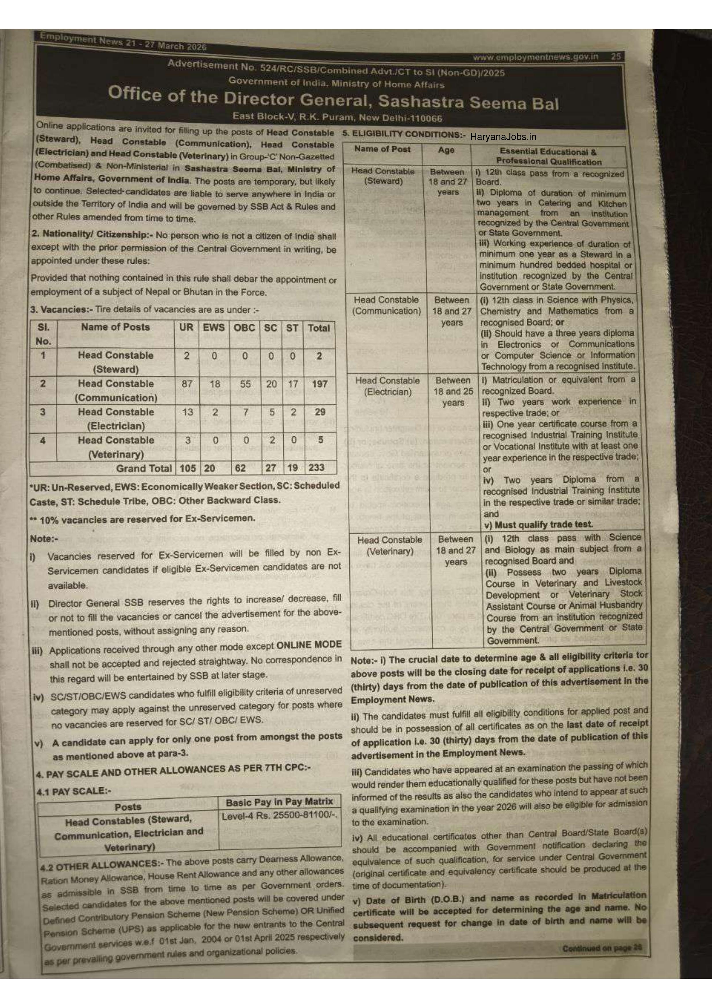 SSB Constable Recruitment 2026 for 827 Tradesman & Driver Posts - Apply Online @ recruitment.ssb.gov.in - Page 1