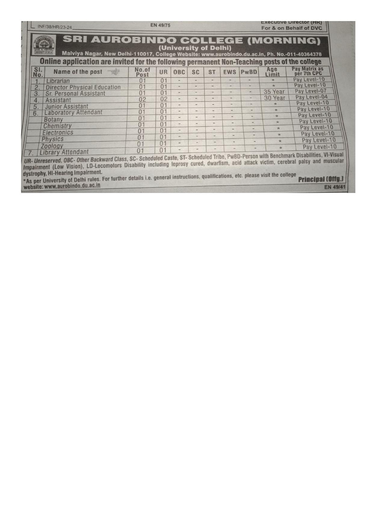 Sri Aurobindo College (Morning) Laboratory Attendant and Various Posts Recruitment 2024 - Page 1