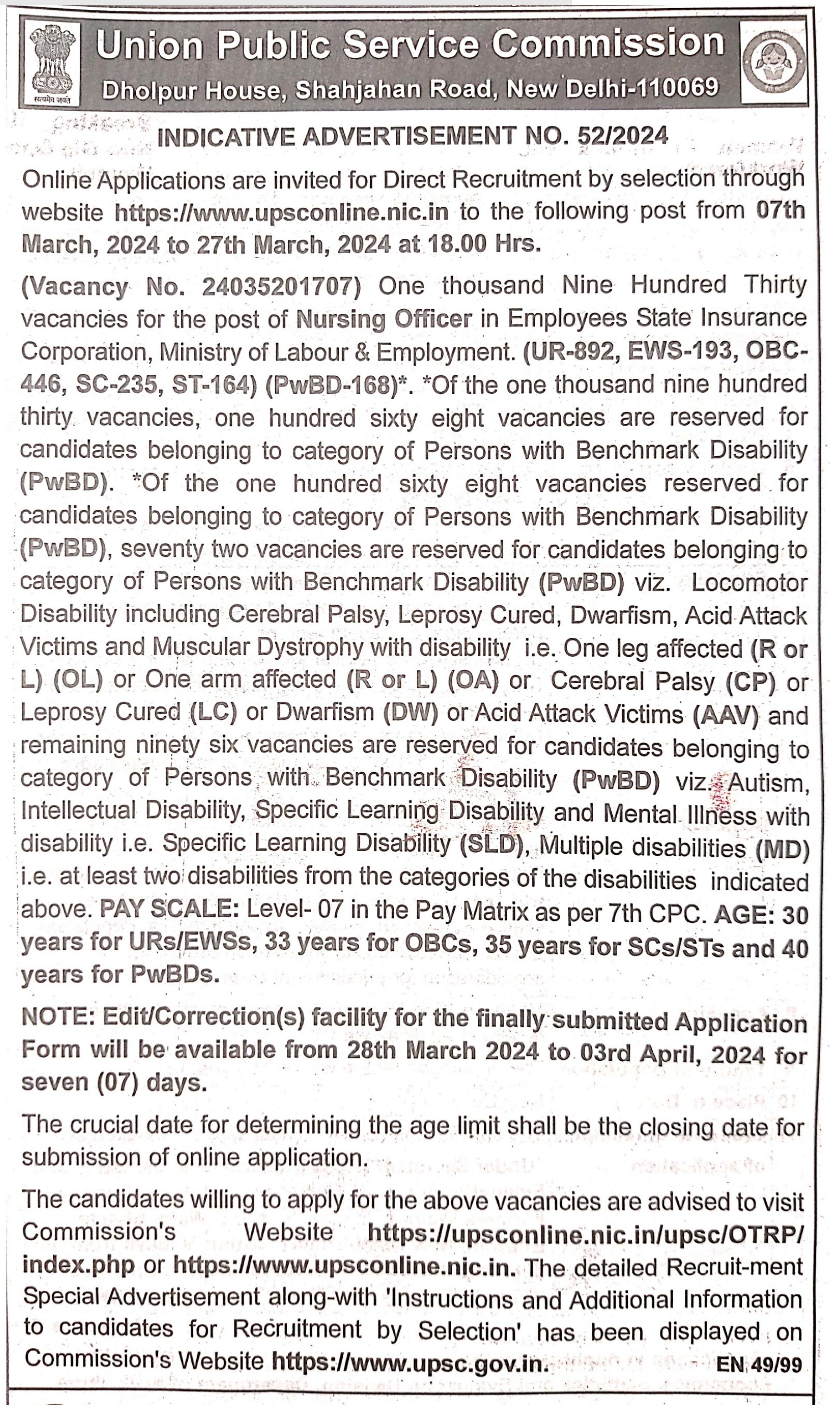UPSC ESIC Nursing Officer Recruitment Notification for 1930 Posts - Page 1