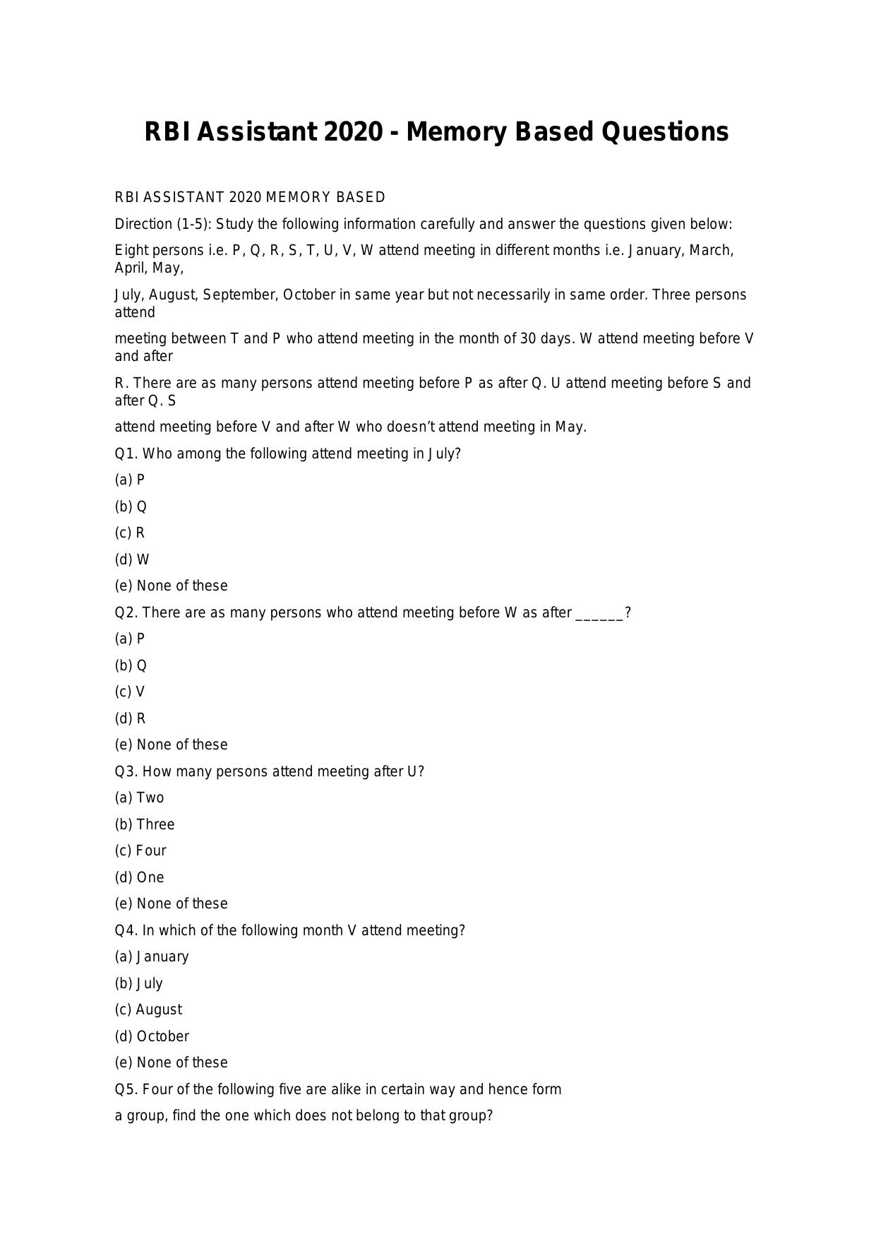 RBI Assistant 2020 - Memory Based Questions - Page 1