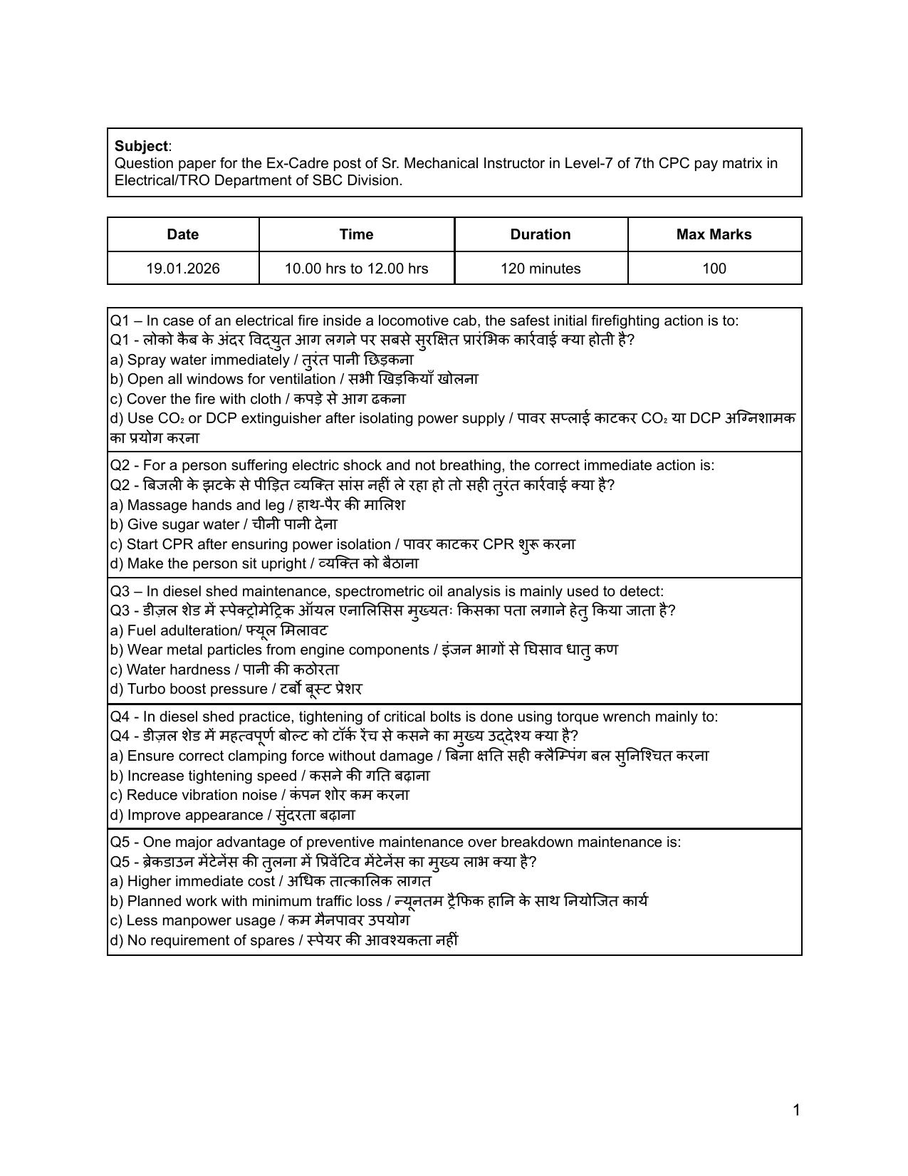 South Western Railway Sr Mechanical Insructor Level 7 (Shift-1) Question Paper - Page 1