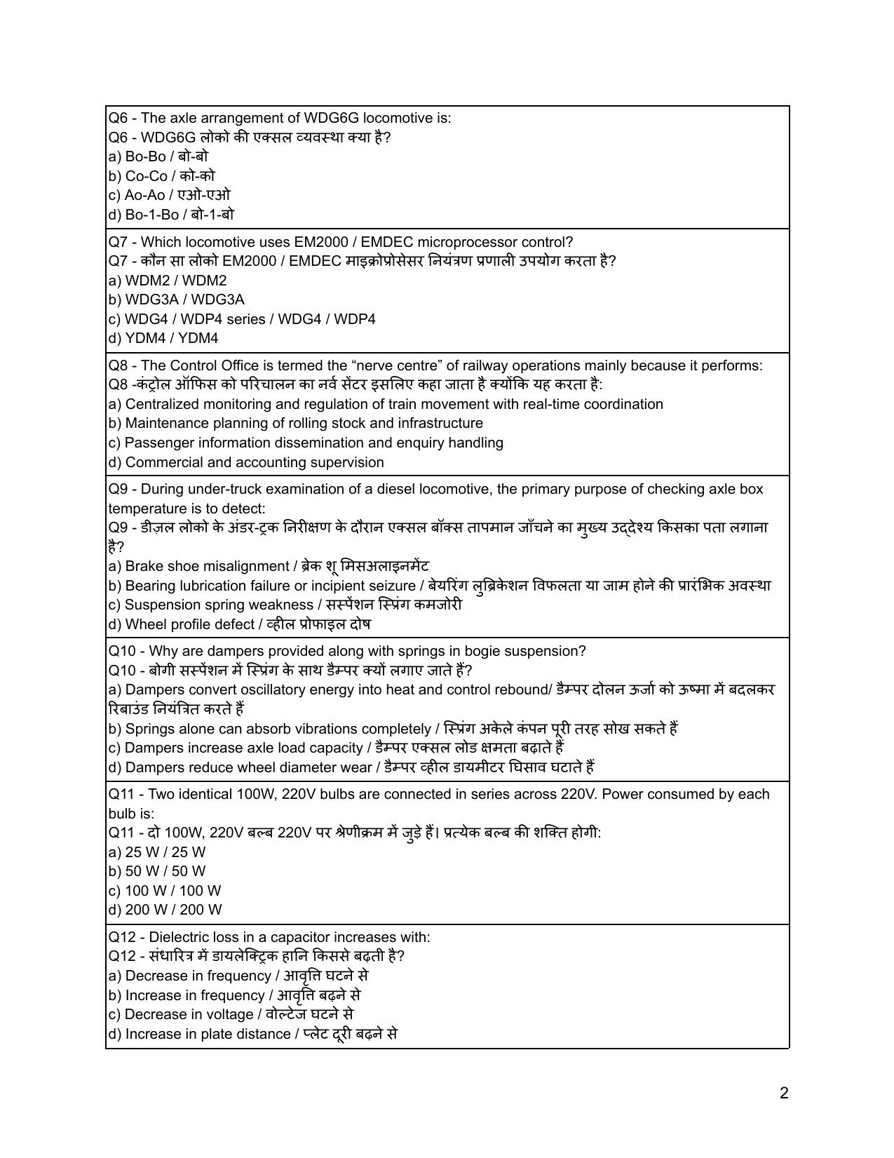 South Western Railway Sr Mechanical Insructor Level 7 (Shift-1) Question Paper - Page 2