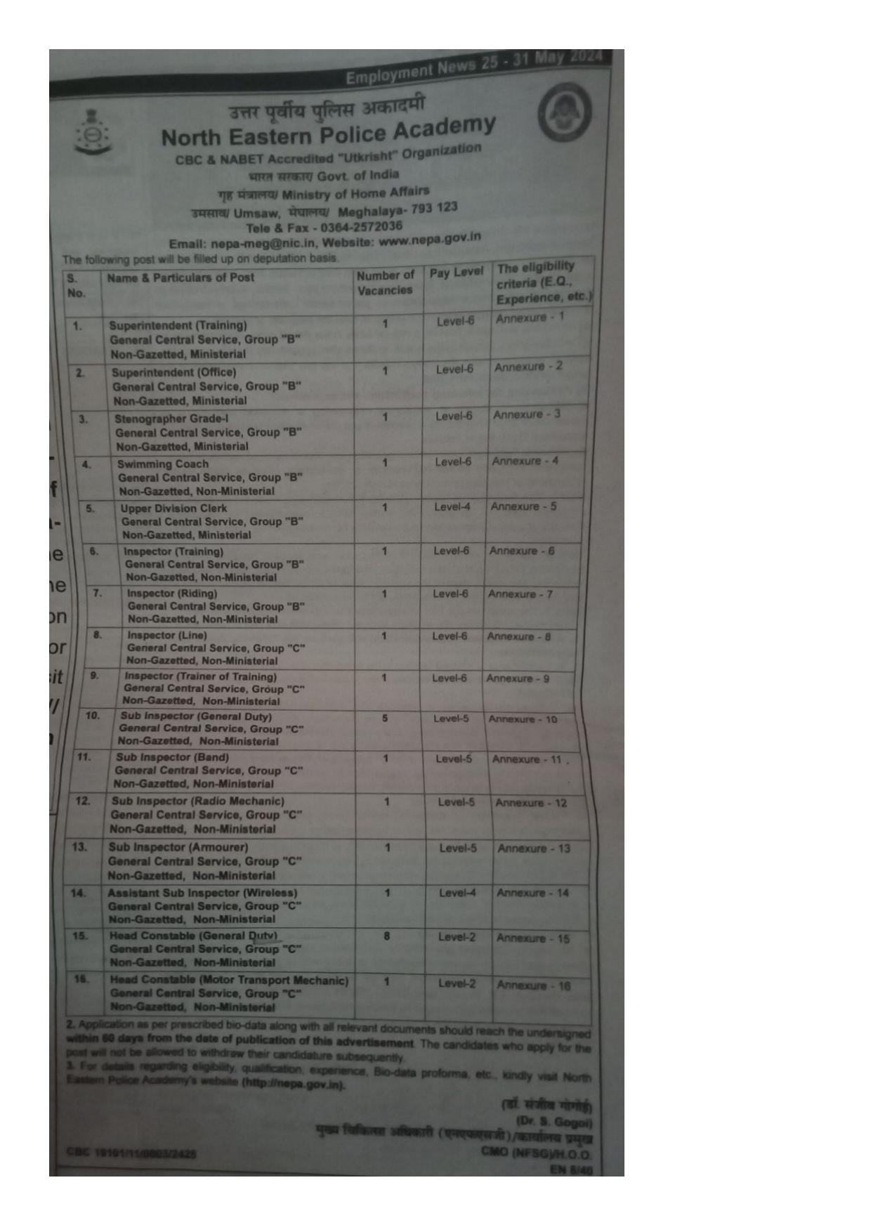 North Eastern Police Academy (NEPA) Superintendent and Various Posts Recruitment 2024 - Page 1