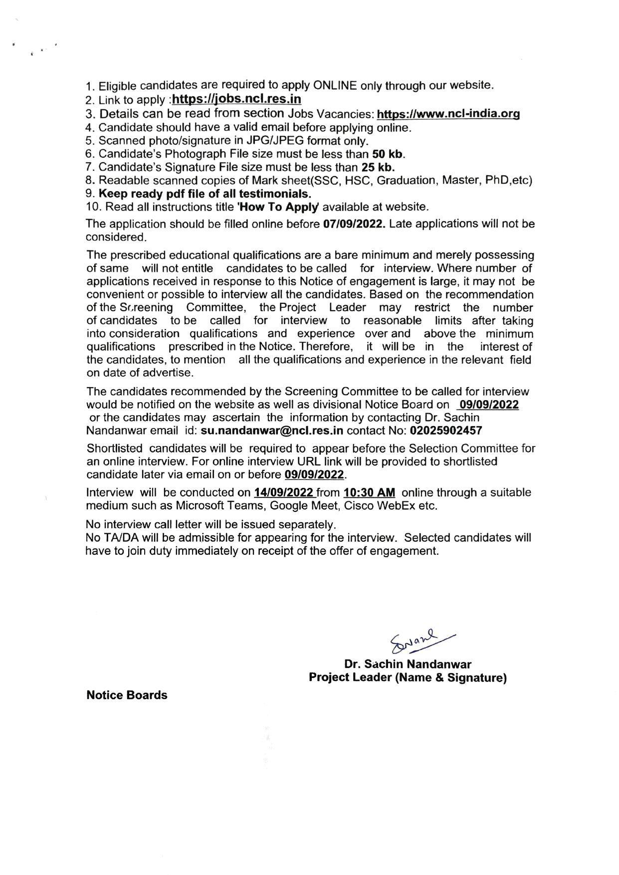 NCL Pune Invites Application for Project AssociateI Recruitment 2022