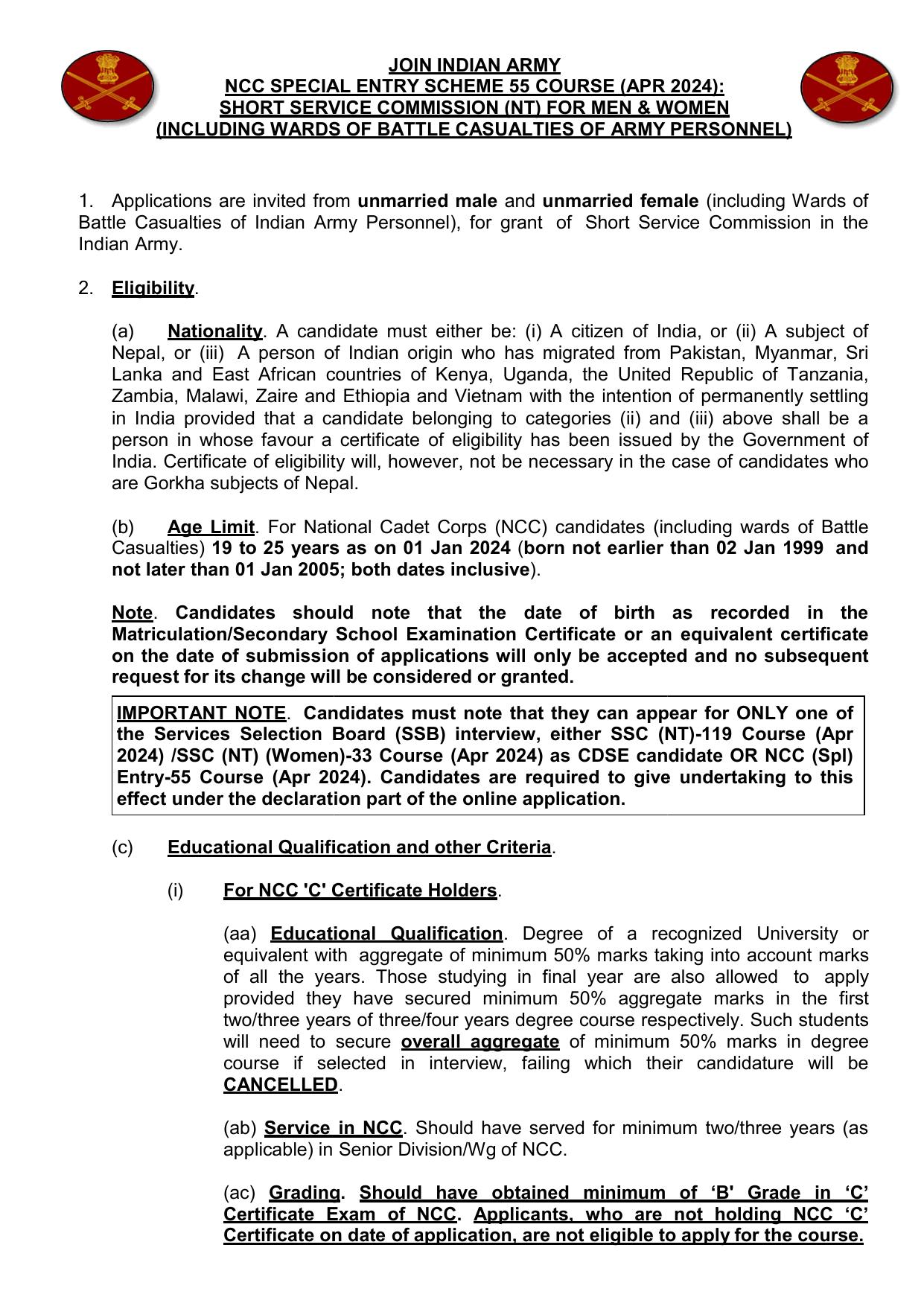 Indian Army NCC Special Entry Scheme 55 Course (APR 2024) Short Service Commission (NT) for Men & Women Recruitment 2023 - Page 1