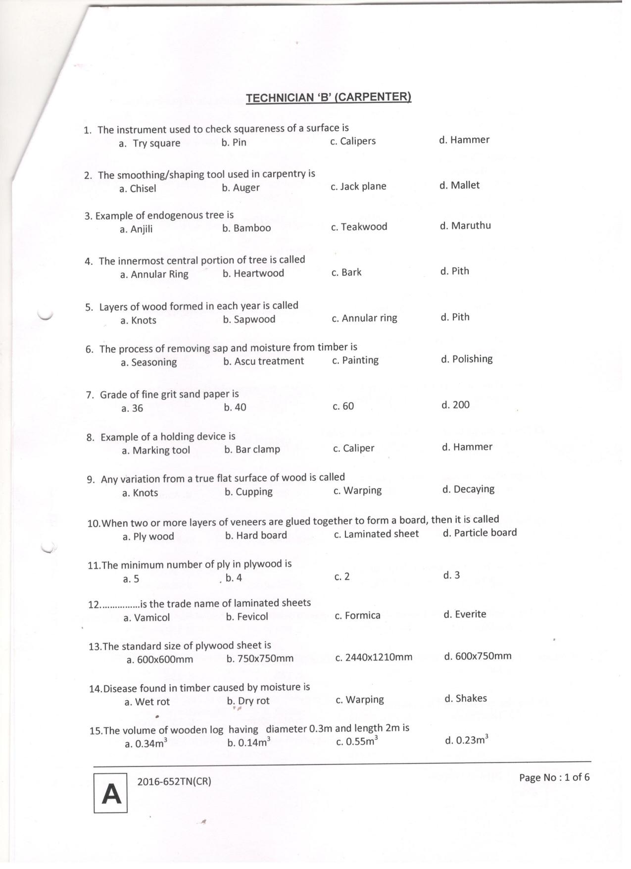 LPSC Technician ‘B’ (Carpenter) 2016 Question Paper - Page 3