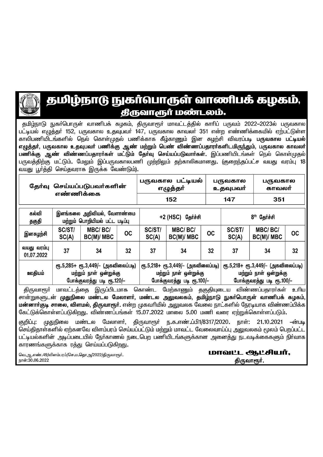 TNCSC Invites Application for Record Clerk, Assistant and Security