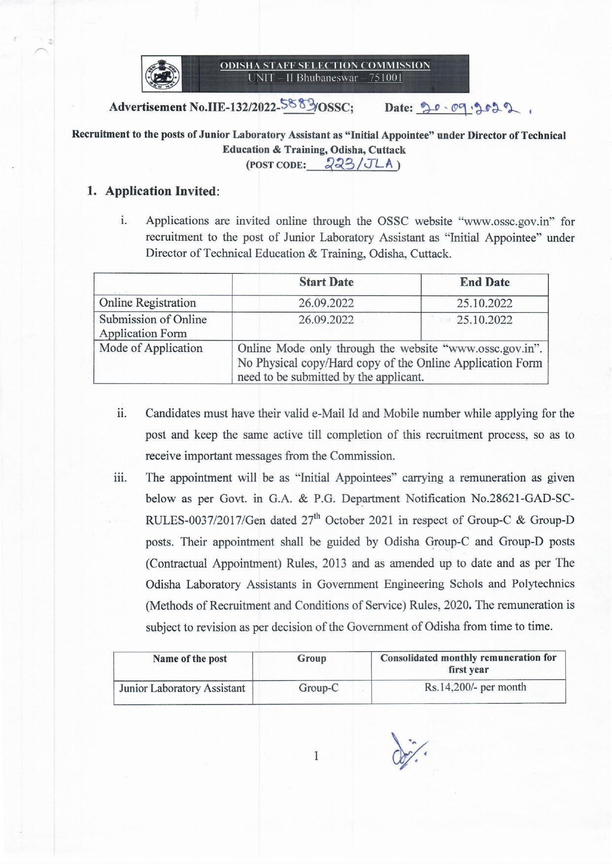  Orissa Staff Selection Commission Invites Application for 64 Junior Laboratory Assistant Recruitment 2022 - Page 1