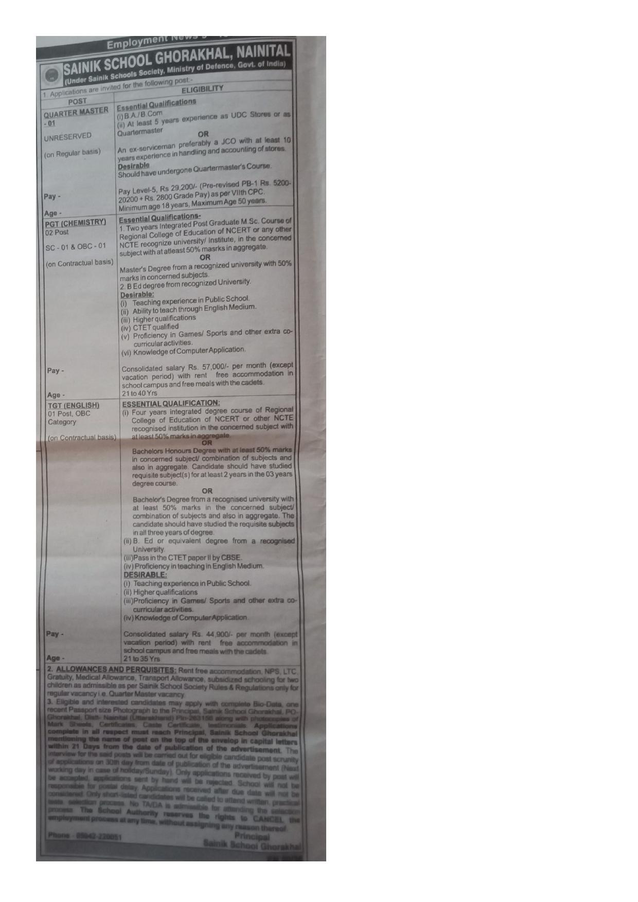 Sainik School Ghorakhal Quarter Master, PGT, TGT Recruitment 2024 - Page 1