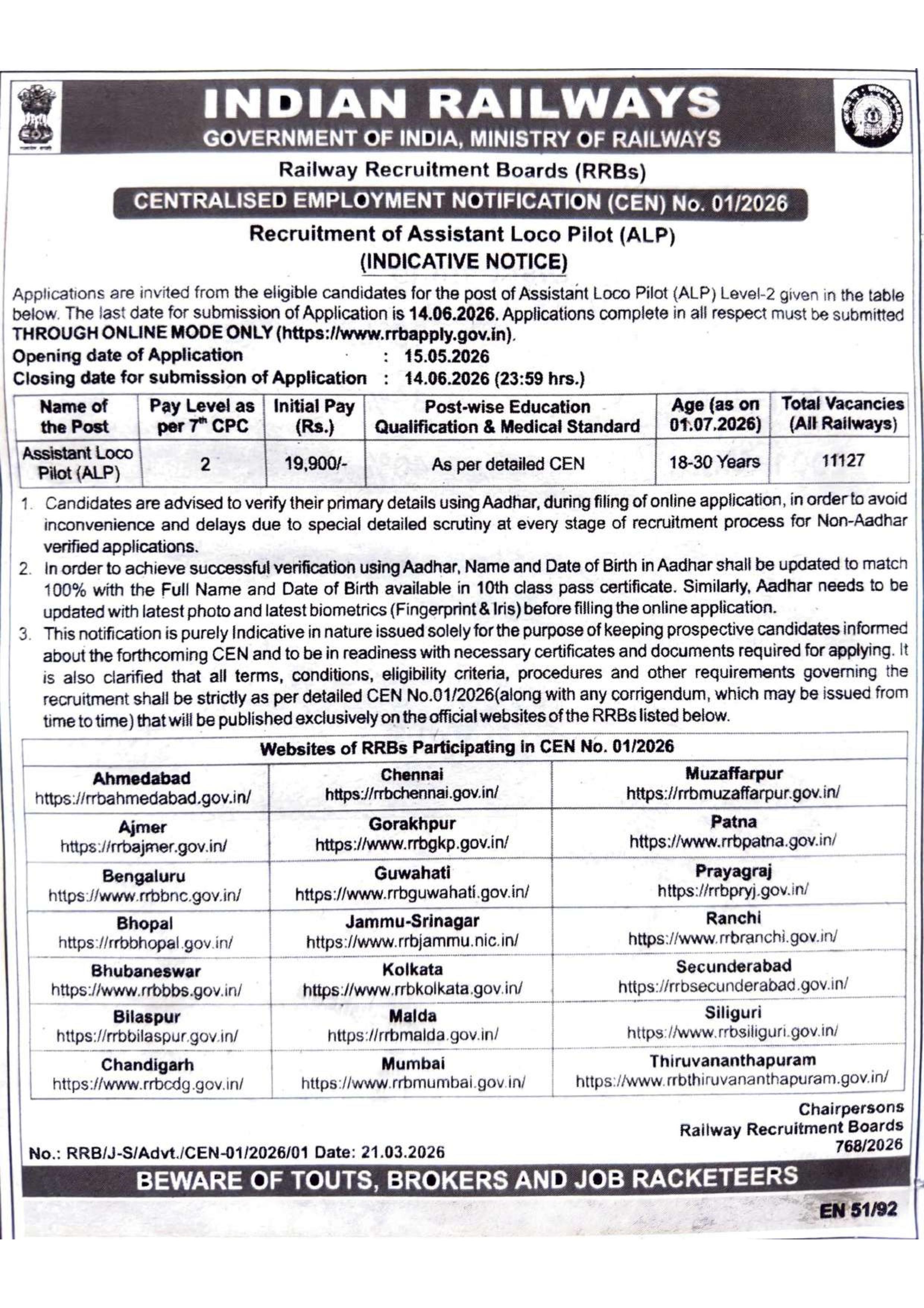 RRB Recruitment 2026 for 11,127 Assistant Loco Pilot (ALP) – Apply Online @ rrbapply.gov.in - Page 1