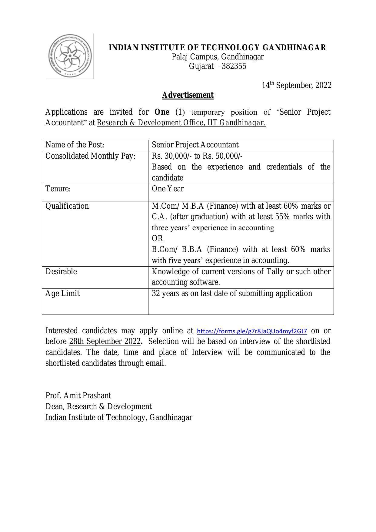 IIT Gandhinagar Invites Application for Senior Project Accountant Recruitment 2022 - Page 1