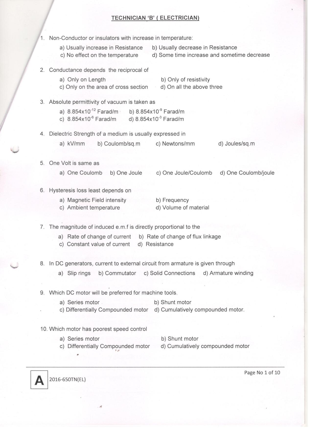 LPSC Technician ‘B’ (Electrician) 2016 Question Paper - Page 3