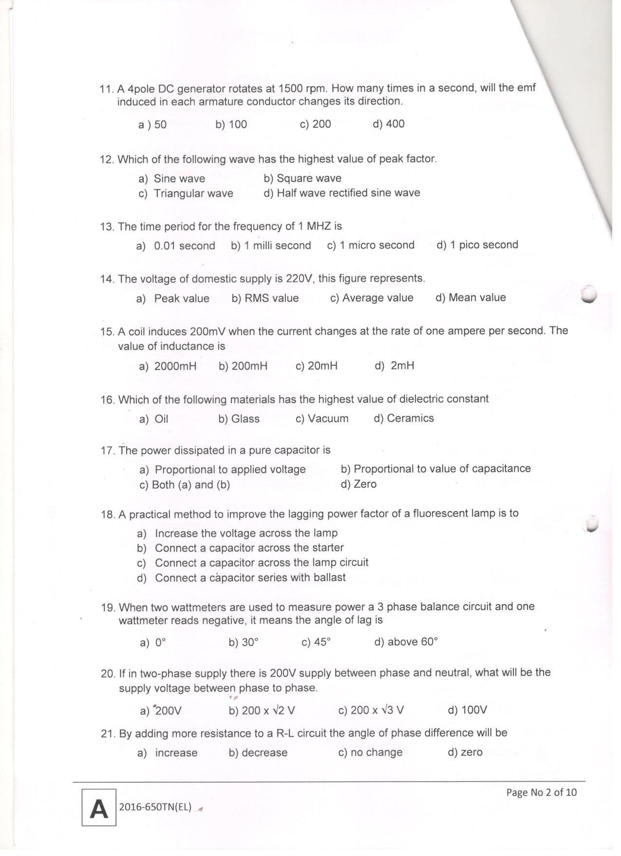 LPSC Technician ‘B’ (Electrician) 2016 Question Paper - Page 4