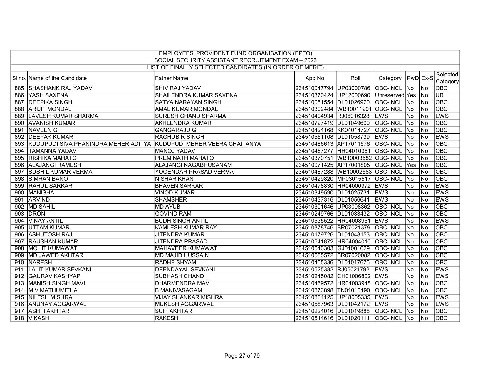 EPFO SSA Result Download Link - Page 27