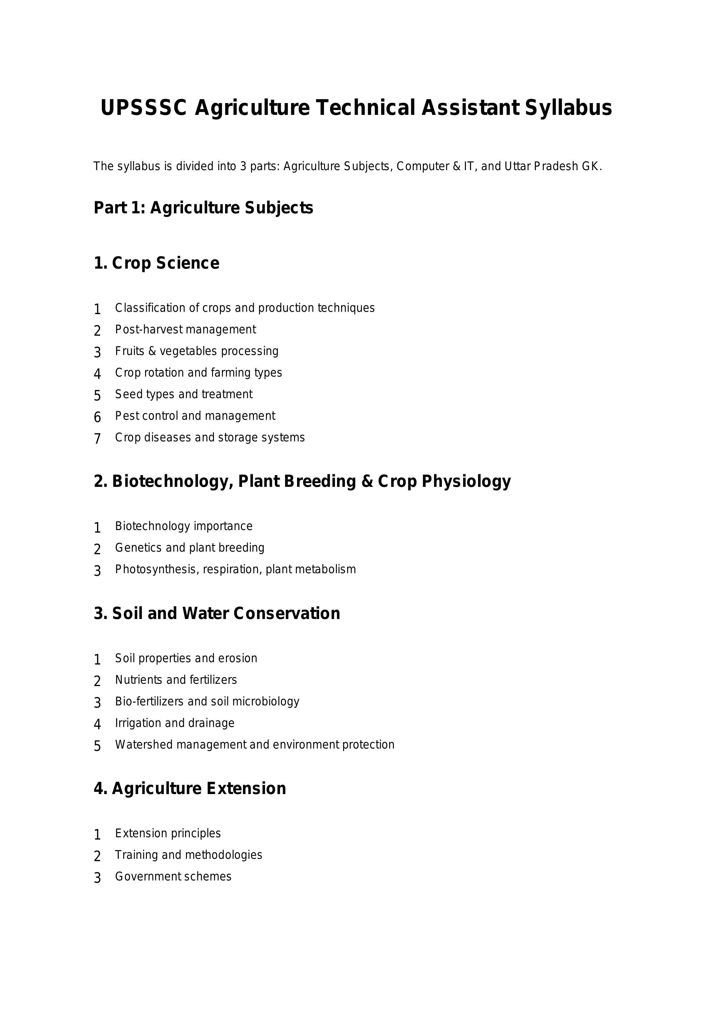 UPSSSC Agriculture Technical Assistant Syllabus - Page 1