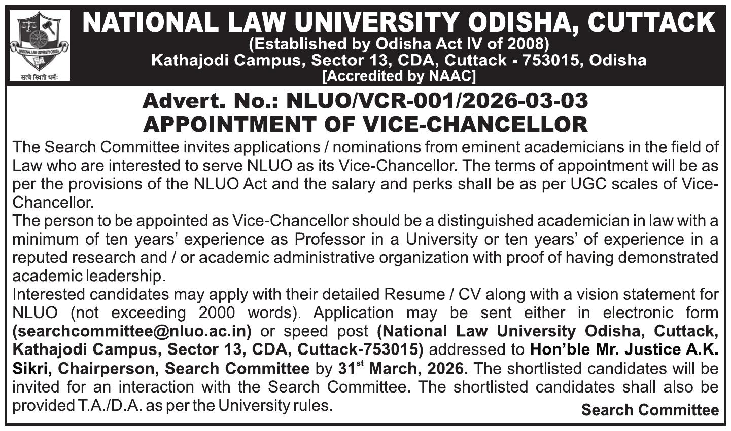 NLU Odisha Vice-Chancellor Recruitment 2026: Application Process, Eligibility, Salary - Full Notification - Page 1