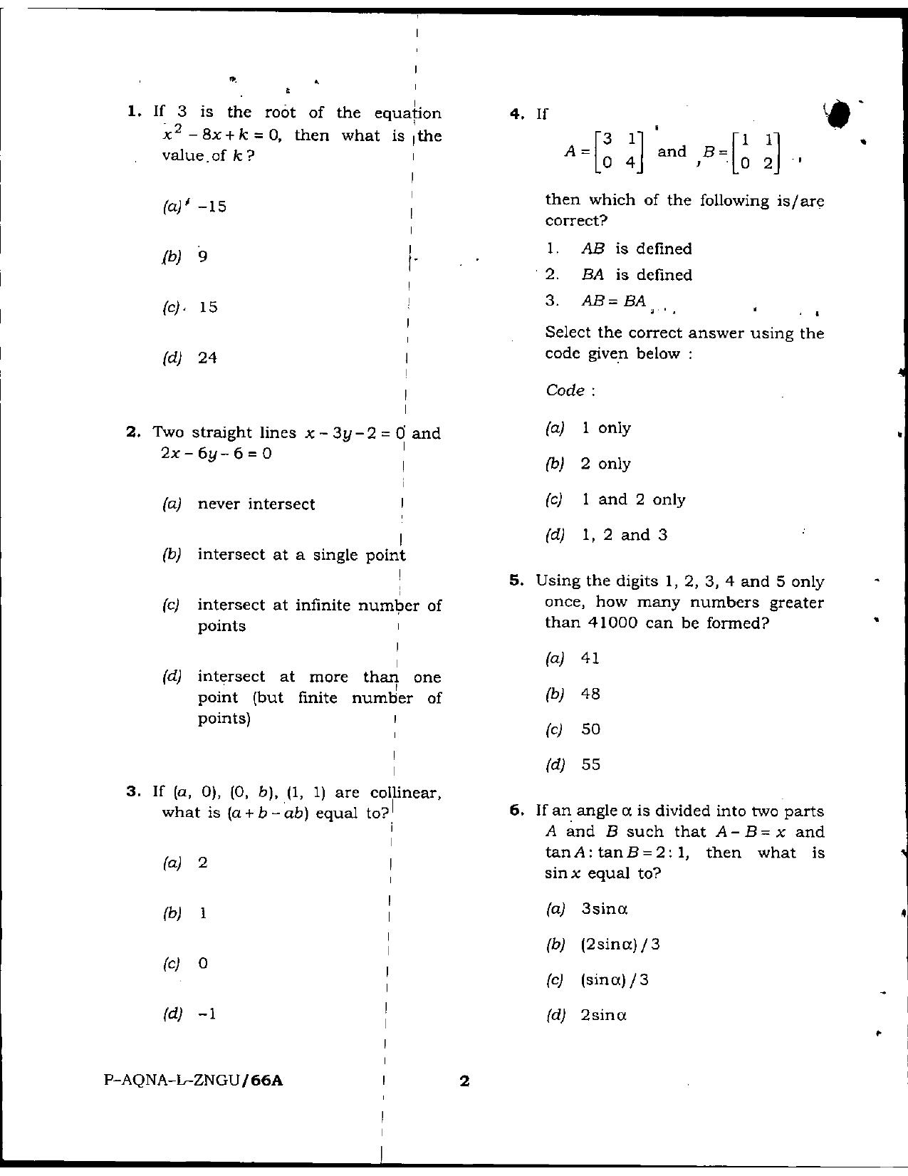 Jammu Kashmir Accounts Assistant Previous Papers for Mathematics - Page 2
